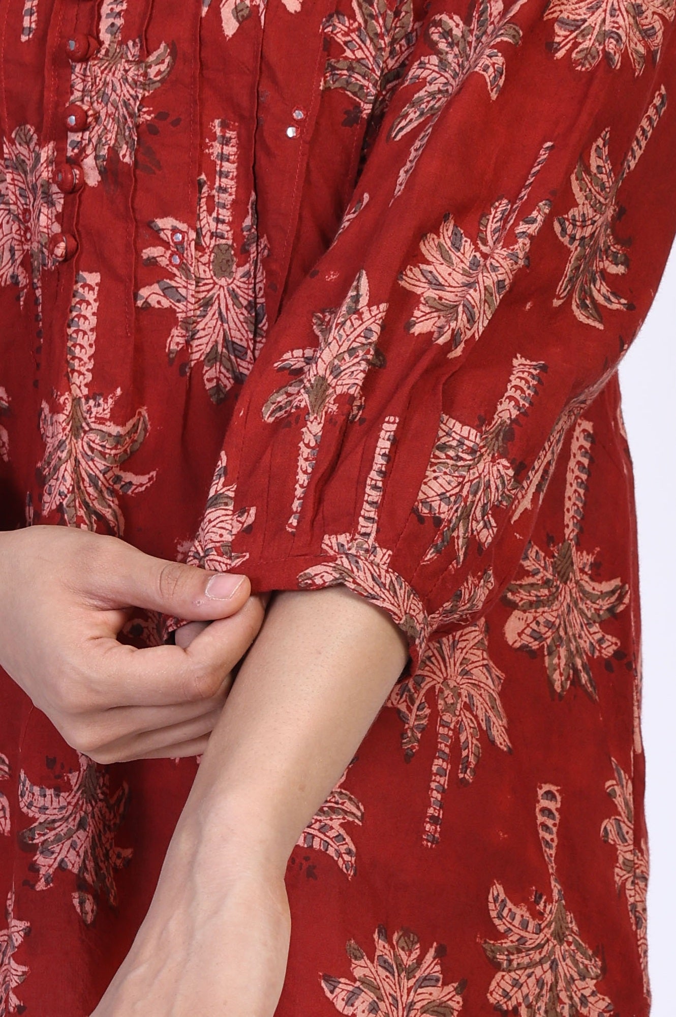 Red Kalamkari Printed Mirror Work Straight Cotton Top