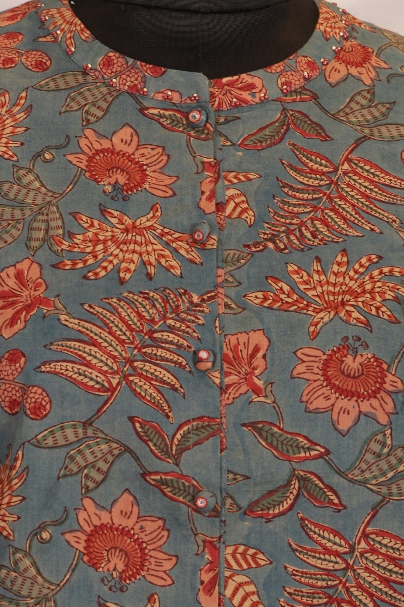 Blue Floral Printed Pure Cotton Straight Top