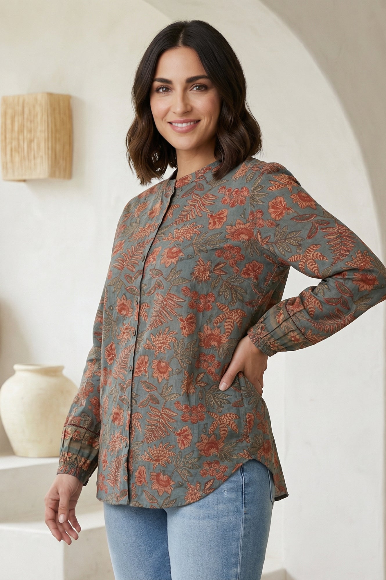 Blue Floral Printed Pure Cotton Straight Top