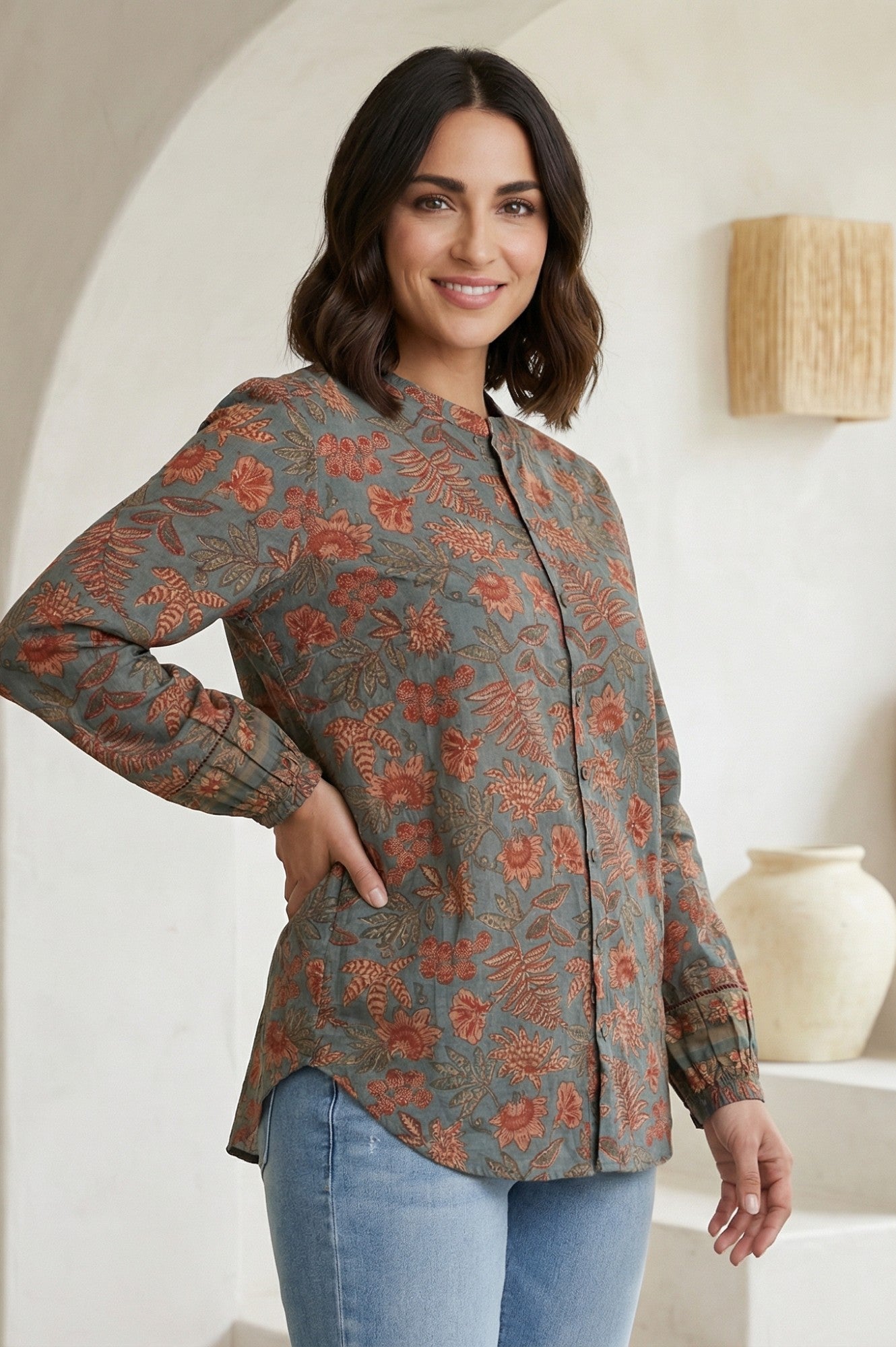 Blue Floral Printed Pure Cotton Straight Top