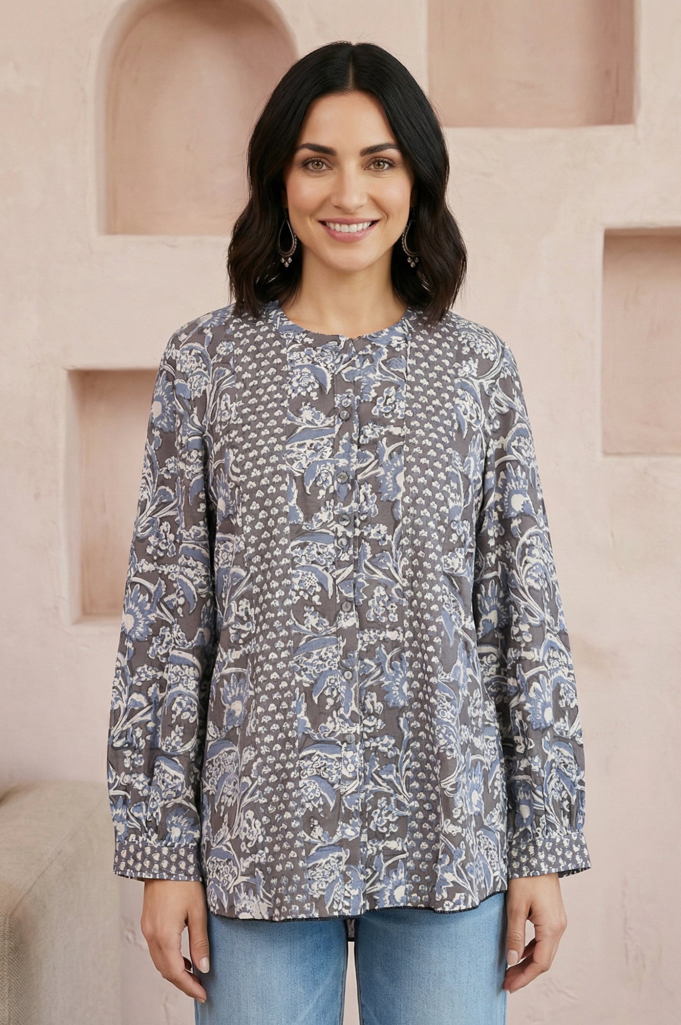 Grey Floral Rayon Straight Top