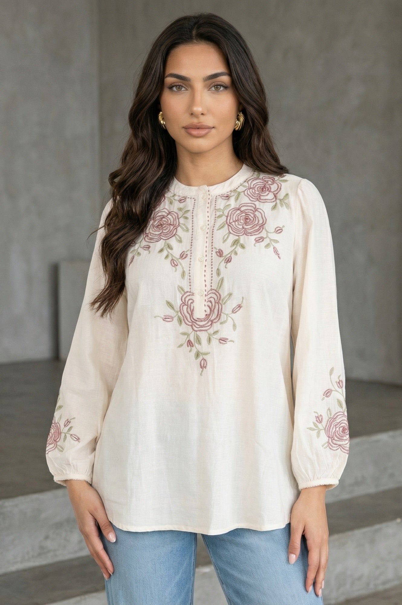 Off White Thread Embroidered New Cotton Silk A-line Top