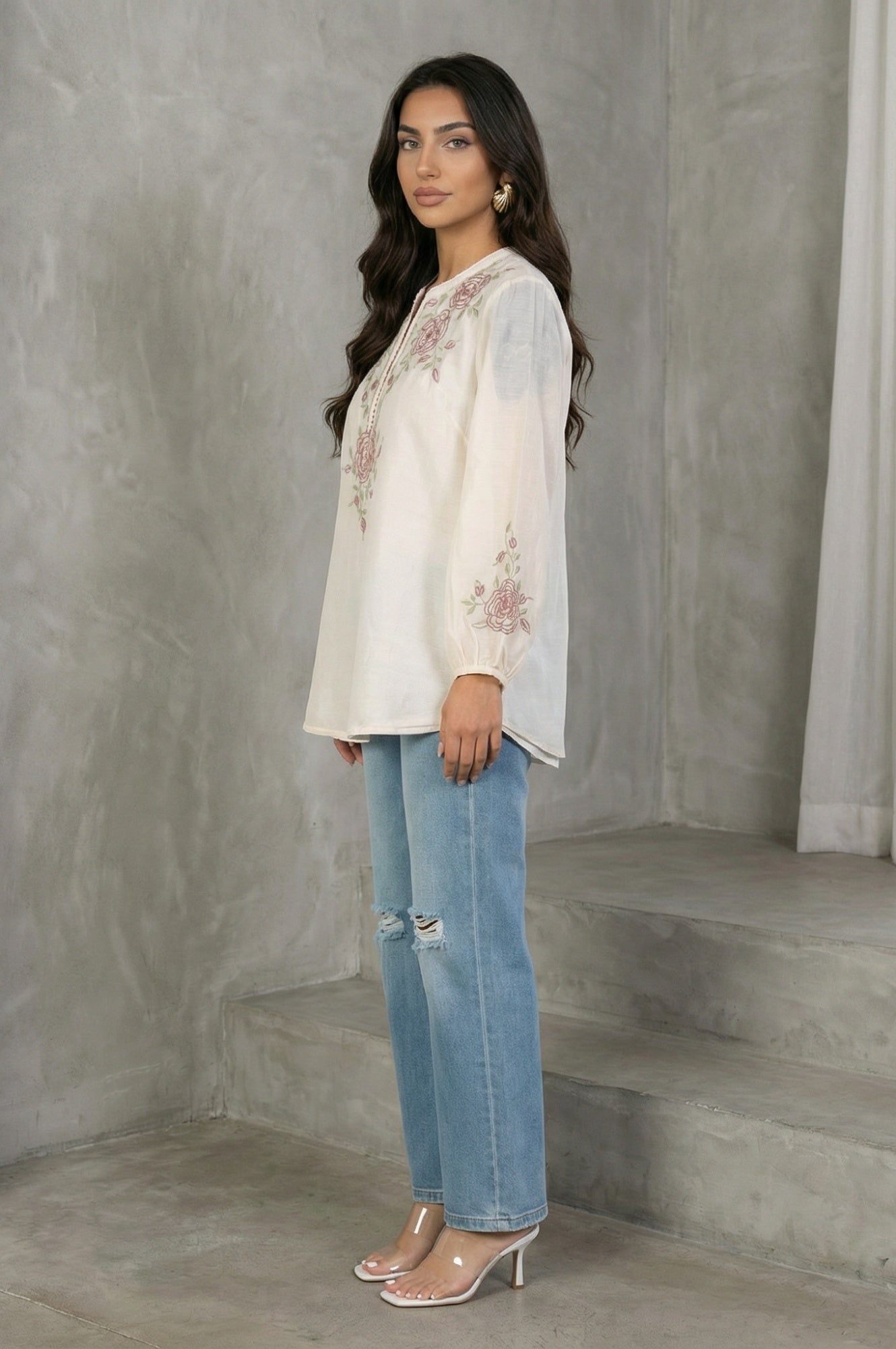 Off White Thread Embroidered New Cotton Silk A-line Top