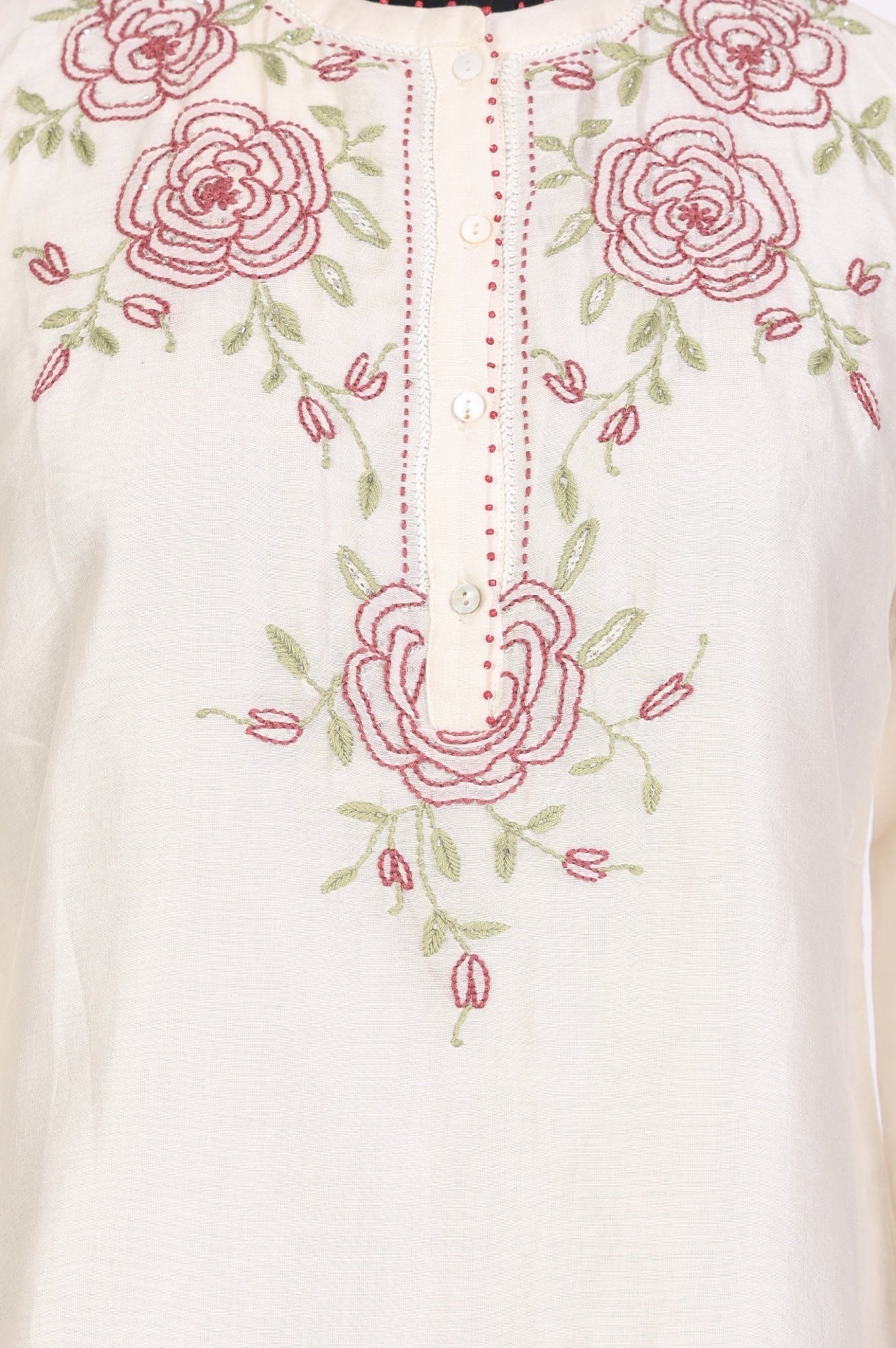 Off White Thread Embroidered New Cotton Silk A-line Top