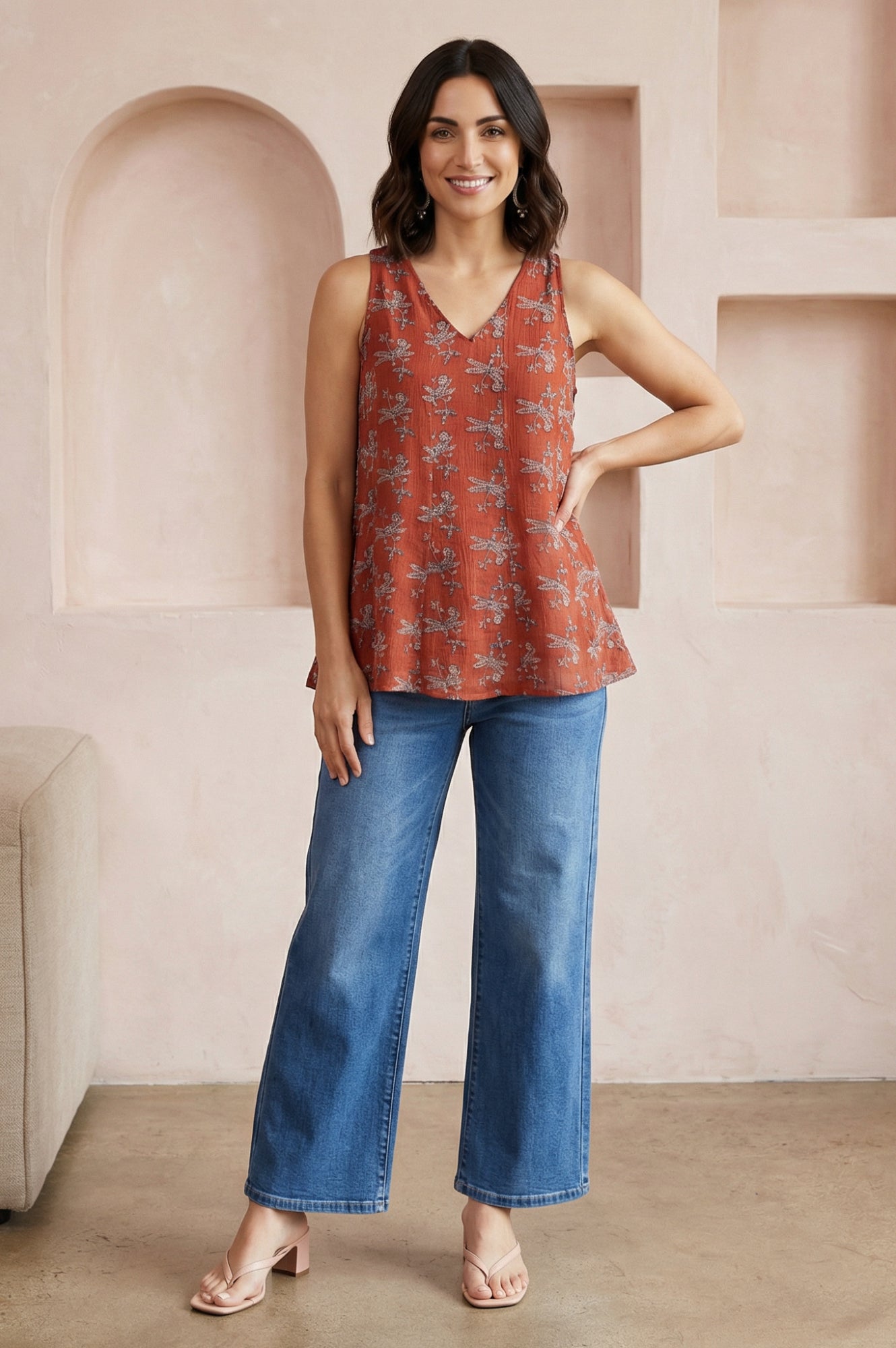Rust Block Printed Cotton Blend A-line Sleeveless Top