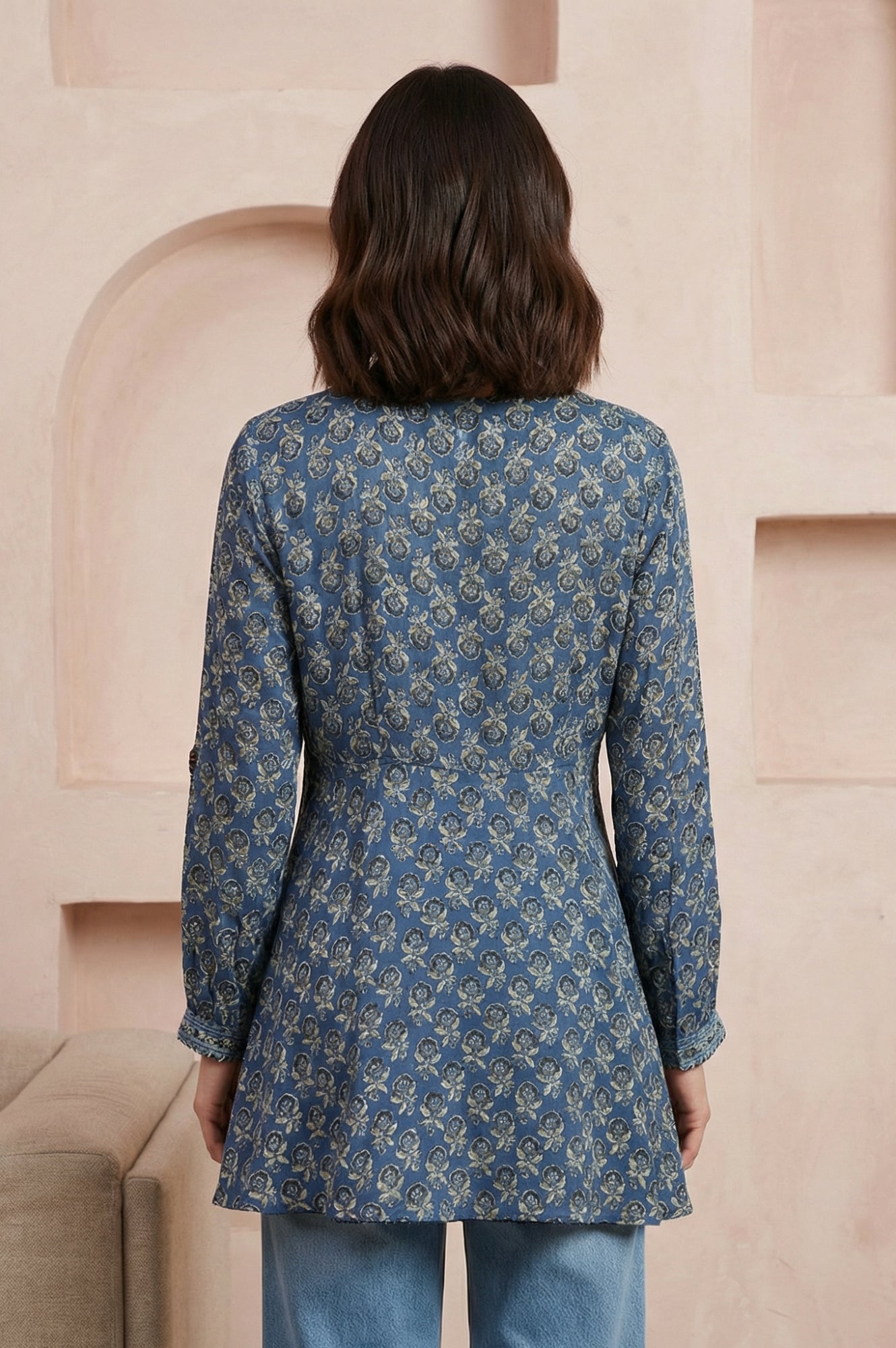 Blue Block Printed Modal Satin A-line Top