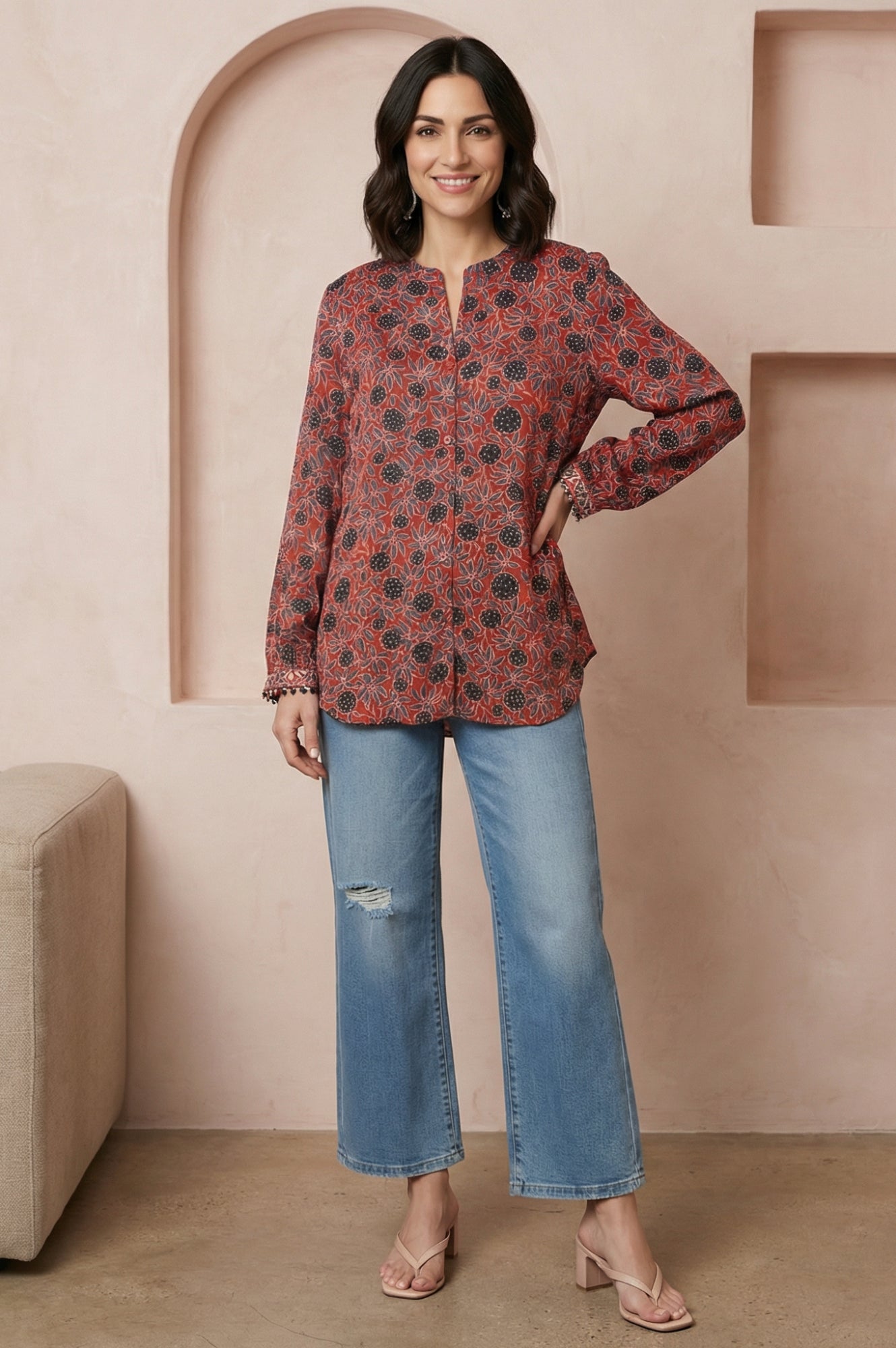 Red Ajrak Printed Modal Satin Straight Top