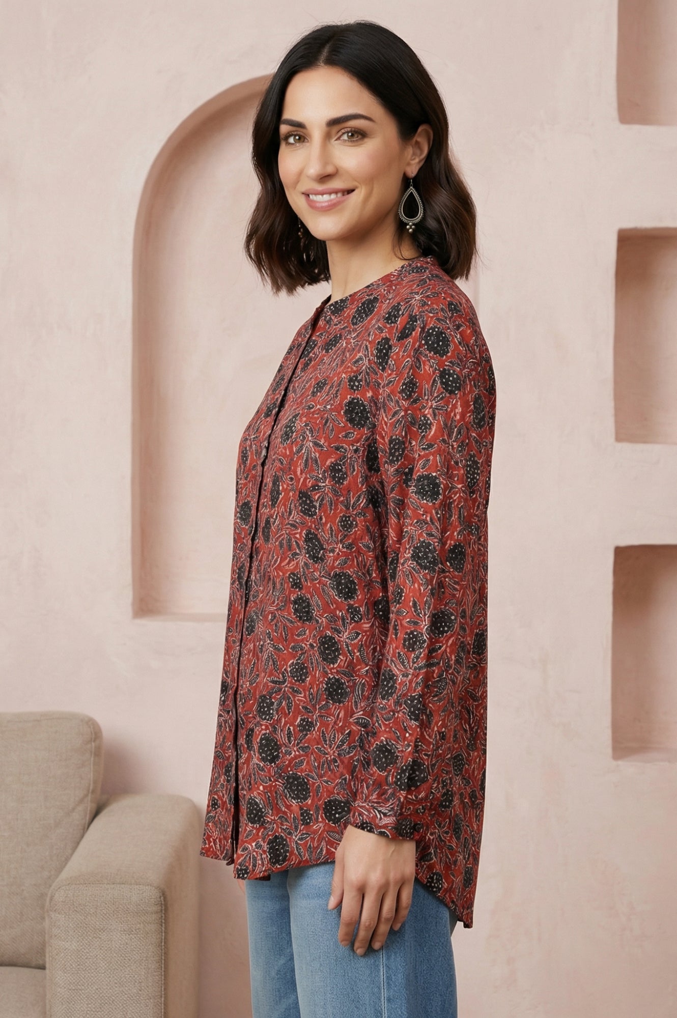 Red Ajrak Printed Modal Satin Straight Top