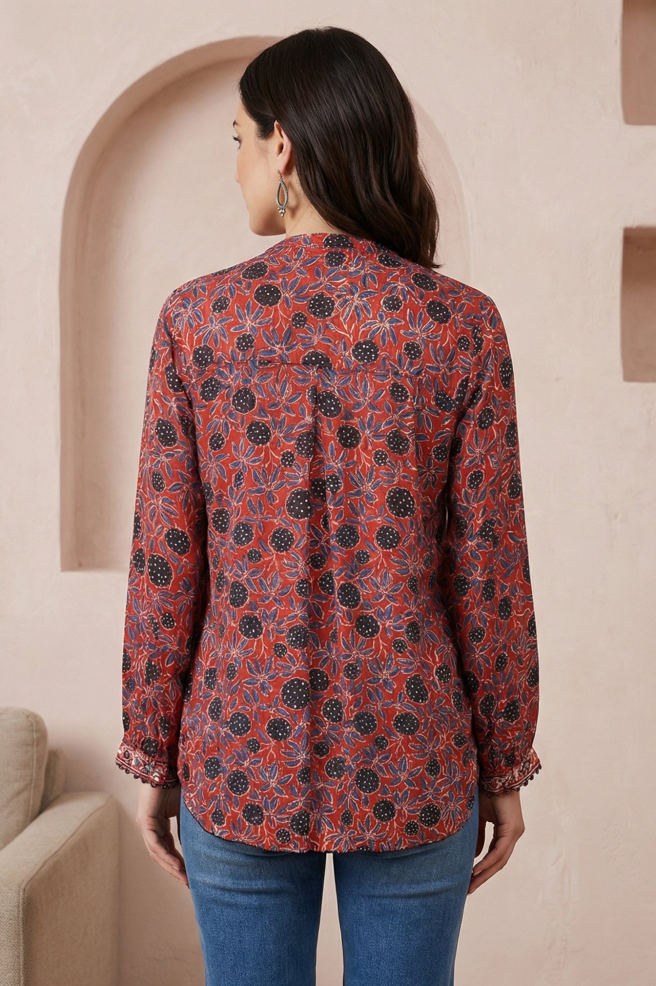 Red Ajrak Printed Modal Satin Straight Top