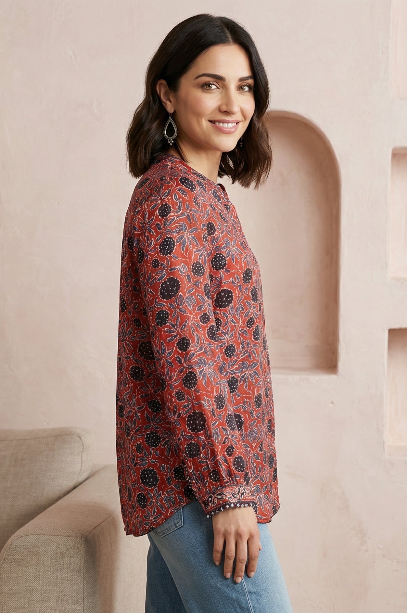 Red Ajrak Printed Modal Satin Straight Top