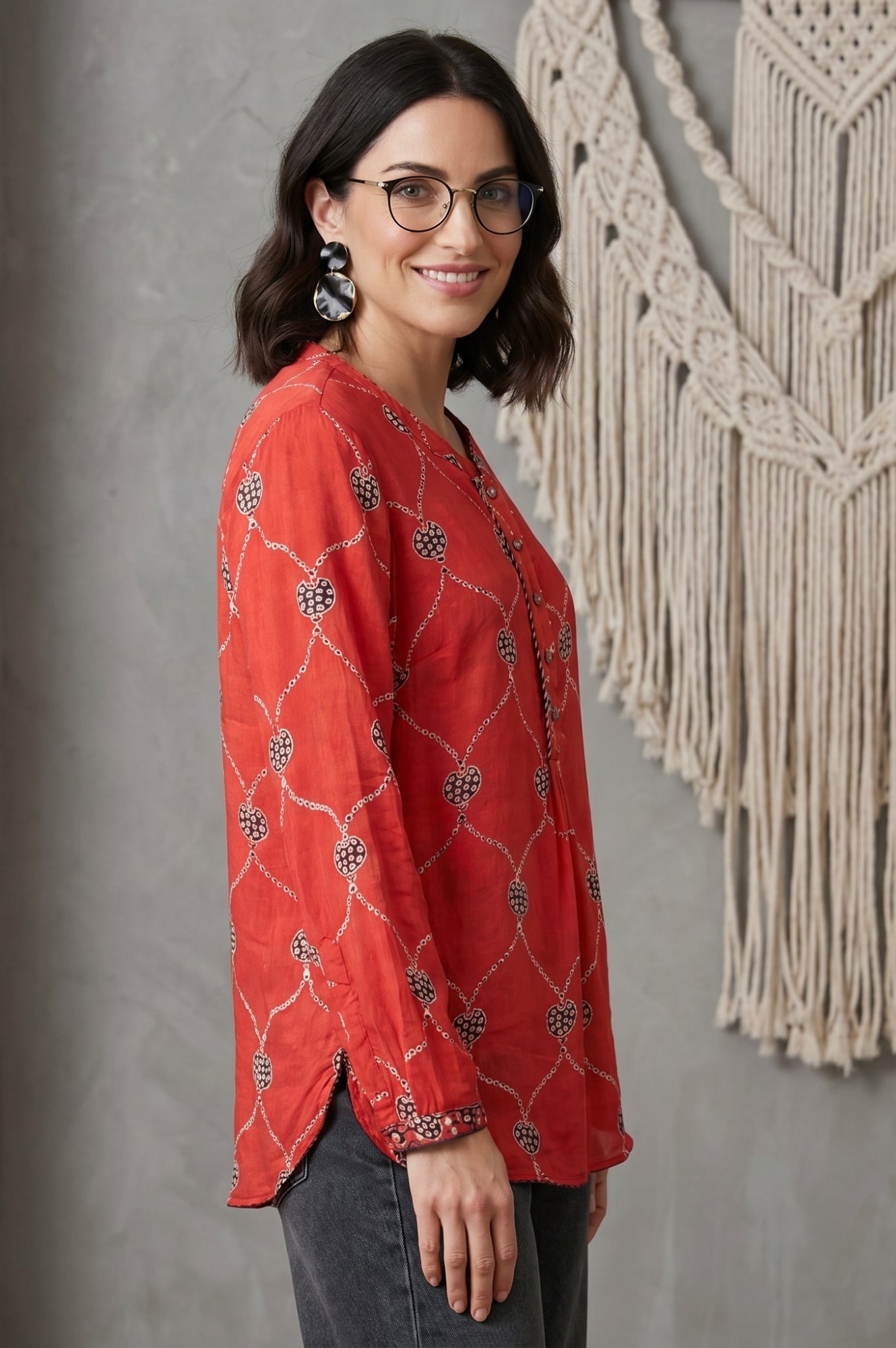 Folksong Women’s Red Geometric Printed Modal Satin Straight Top