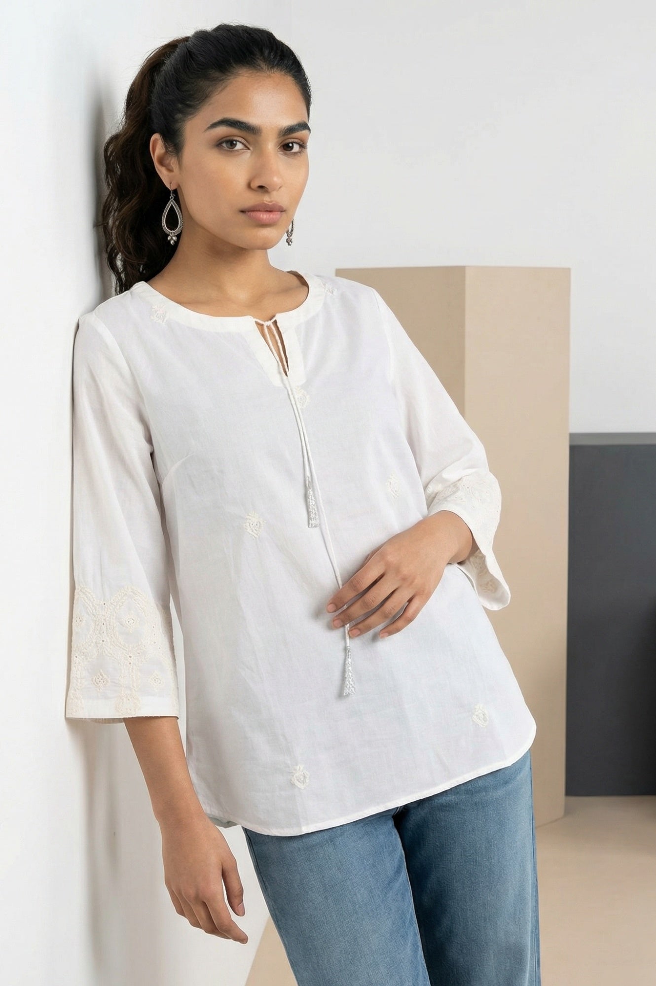 White Embroidered Pure Cotton Straight Top