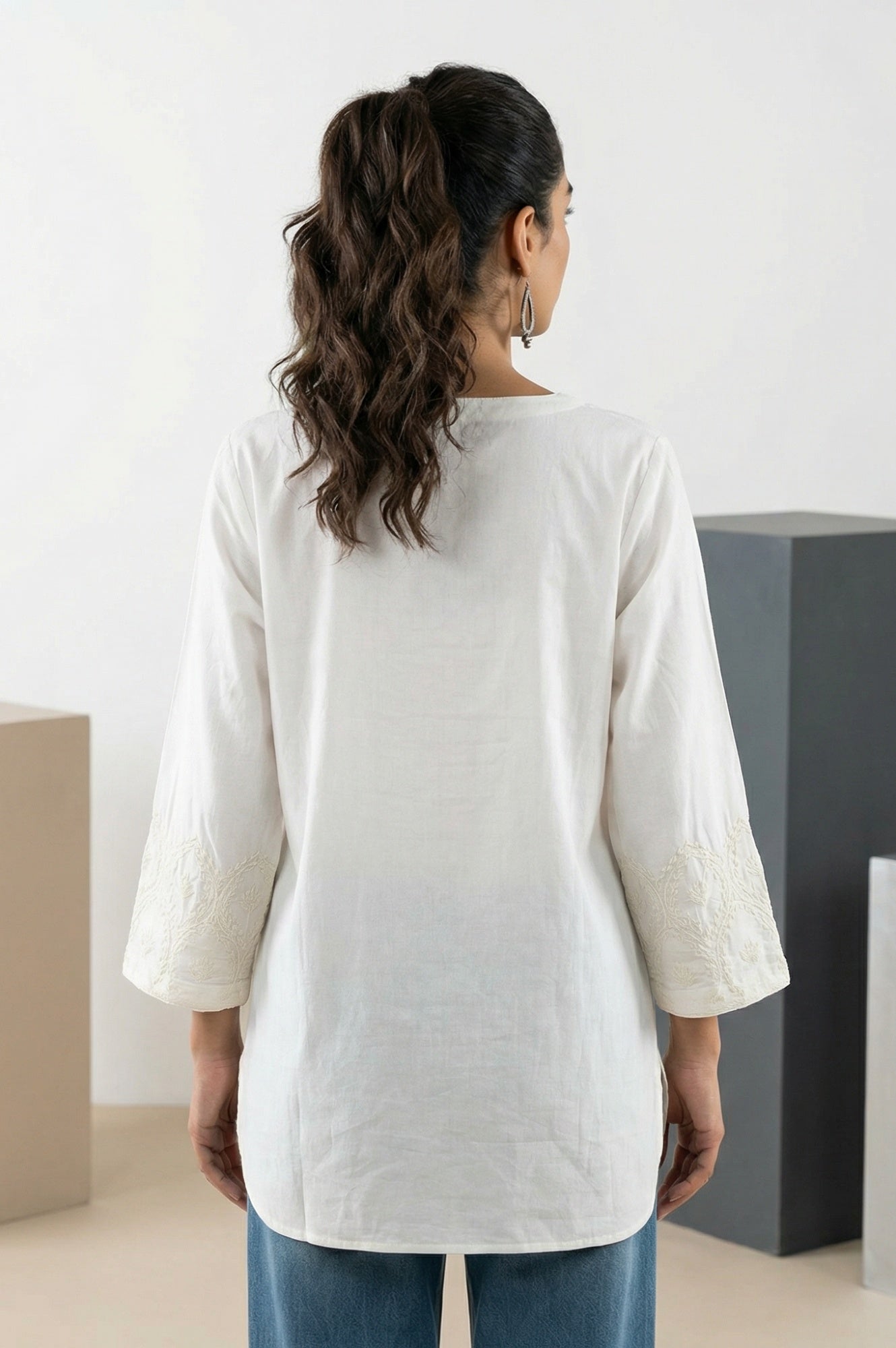 White Embroidered Pure Cotton Straight Top