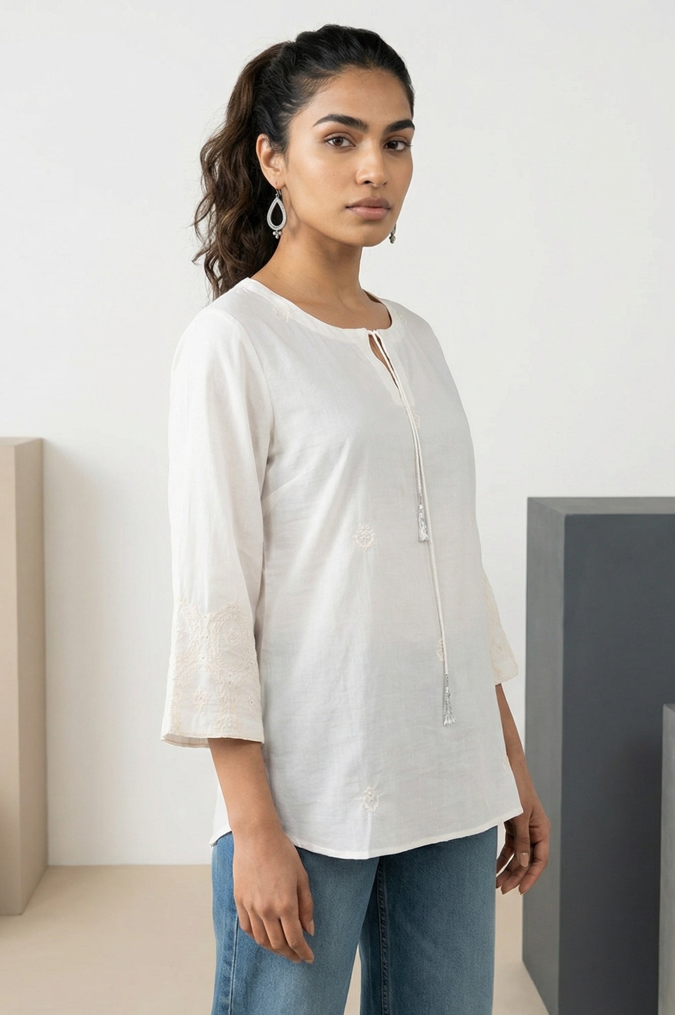White Embroidered Pure Cotton Straight Top