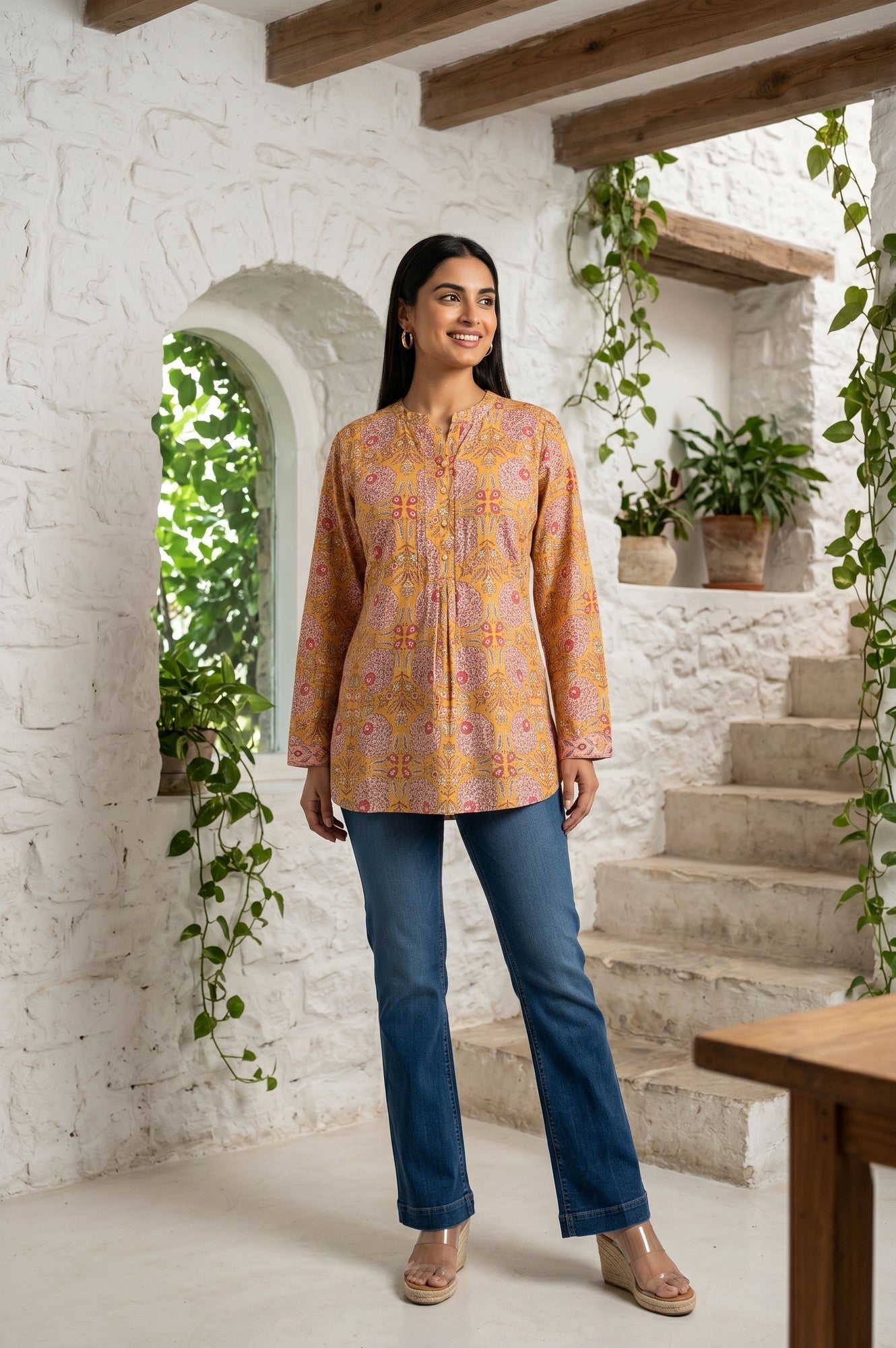 Yellow Block Printed Pure Cotton A-line Top