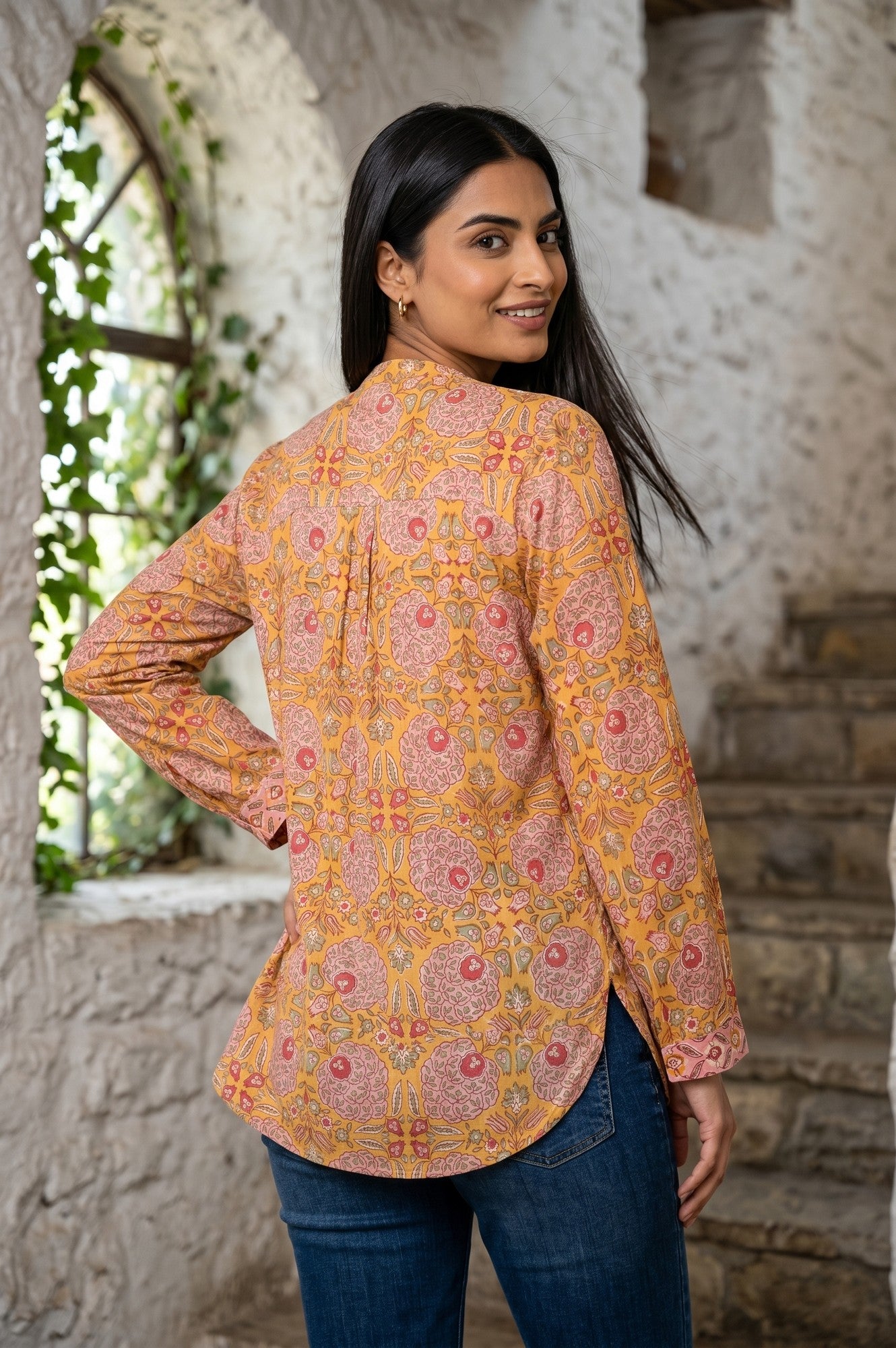Yellow Block Printed Pure Cotton A-line Top