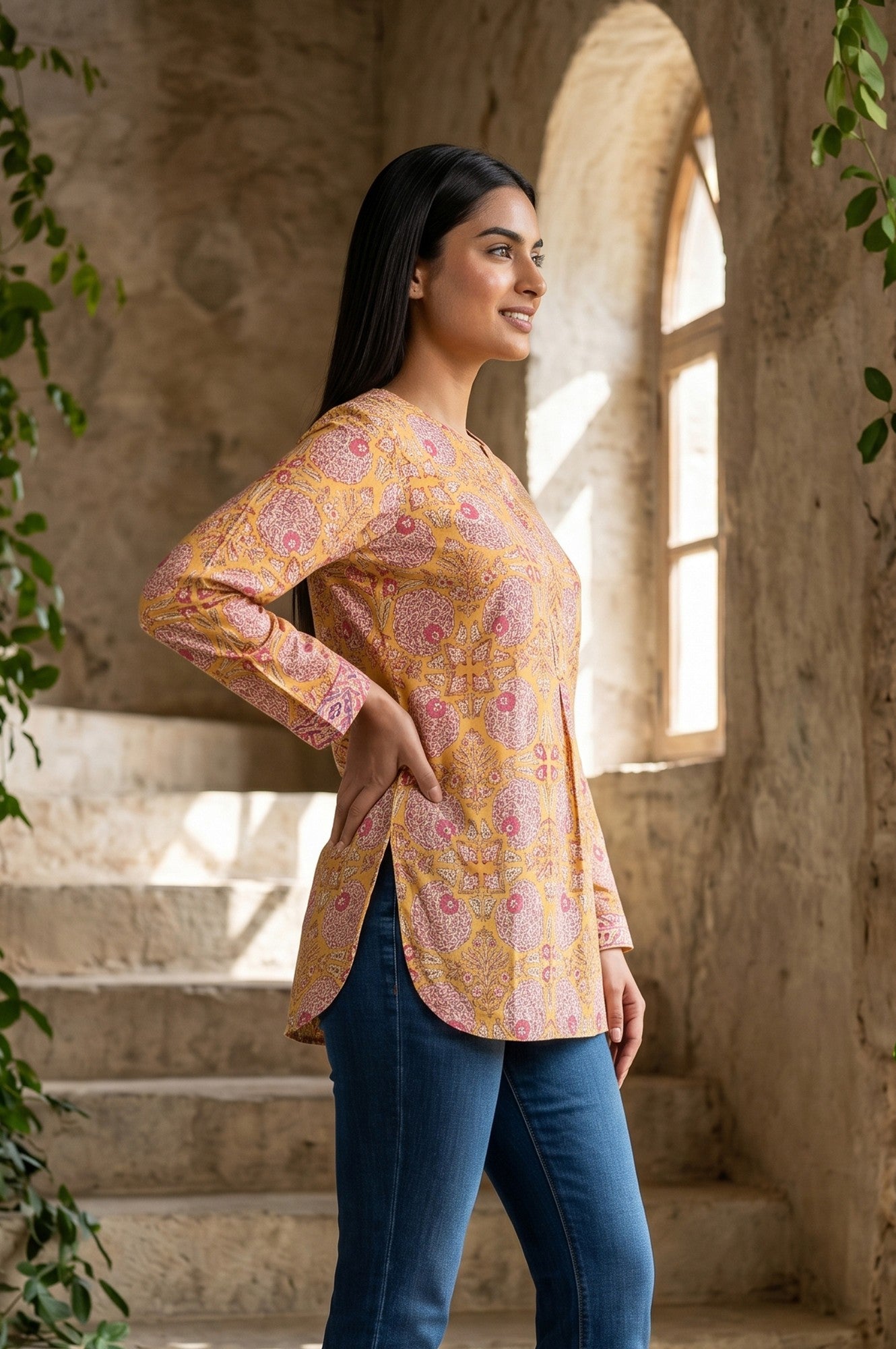 Yellow Block Printed Pure Cotton A-line Top
