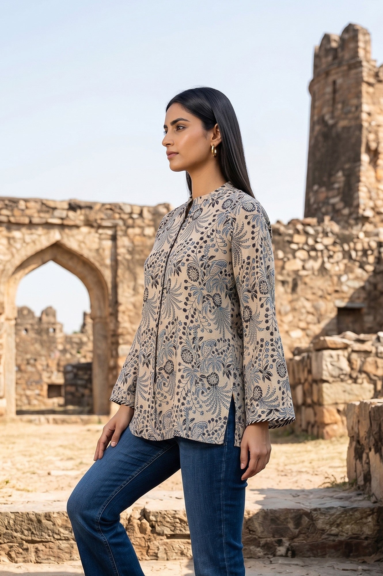 Beige Block Printed Rayon Flared Top