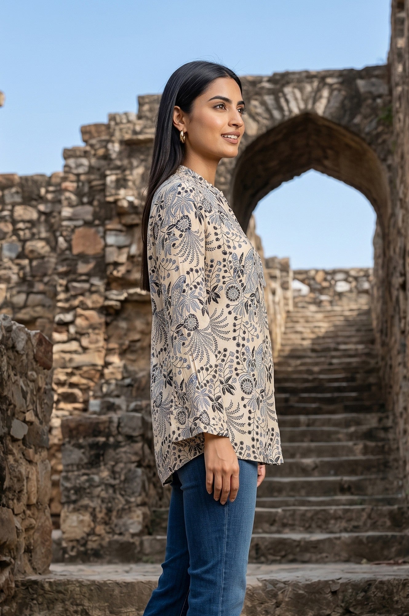 Beige Block Printed Rayon Flared Top