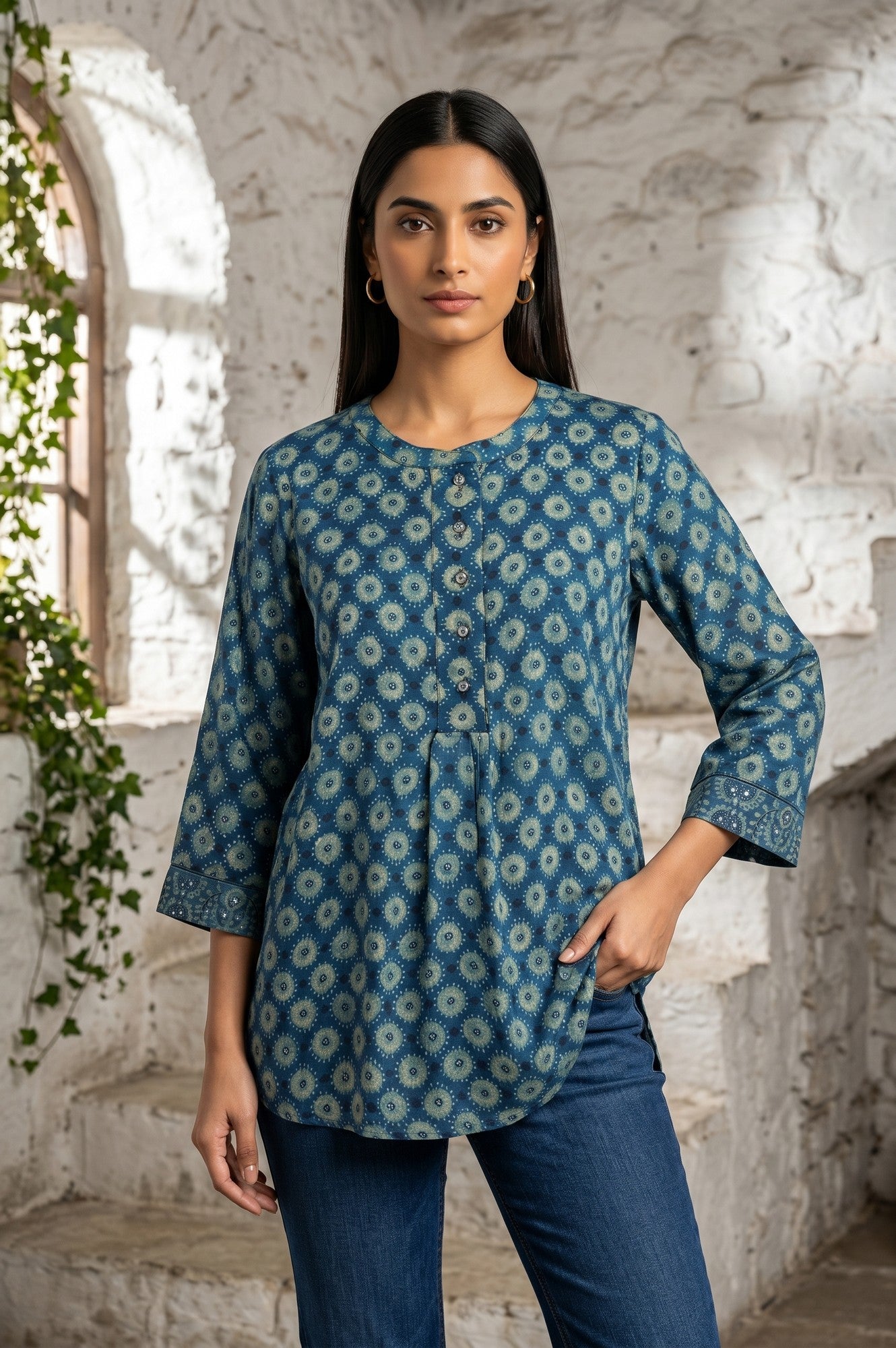 Blue Ajrak Printed Modal Satin A-line Top