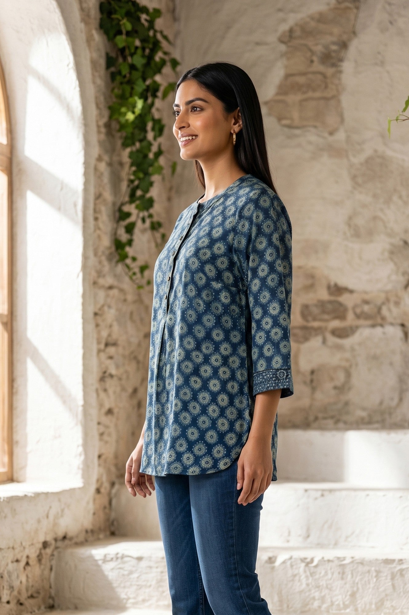 Blue Ajrak Printed Modal Satin A-line Top