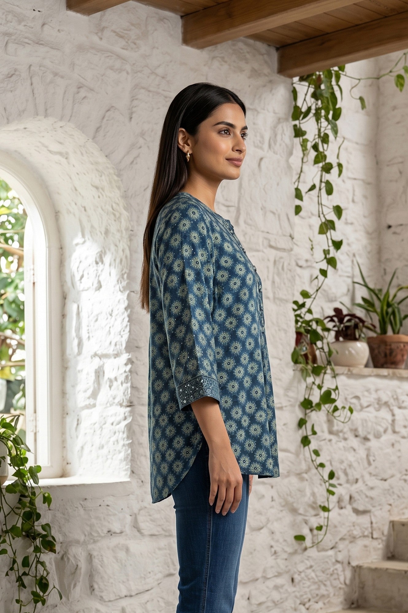 Blue Ajrak Printed Modal Satin A-line Top