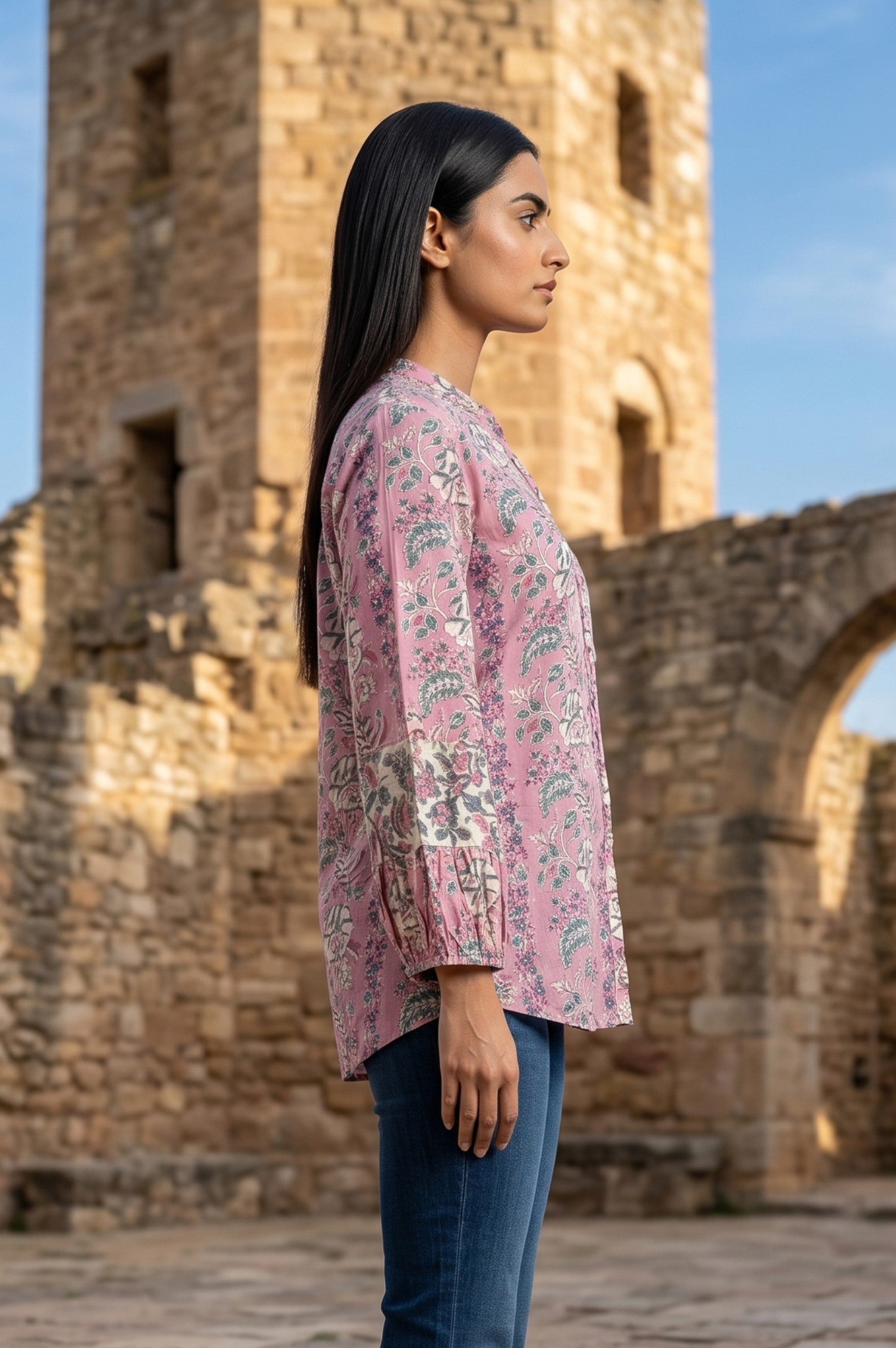 Light Pink Block Printed Pure Cotton A-line Top