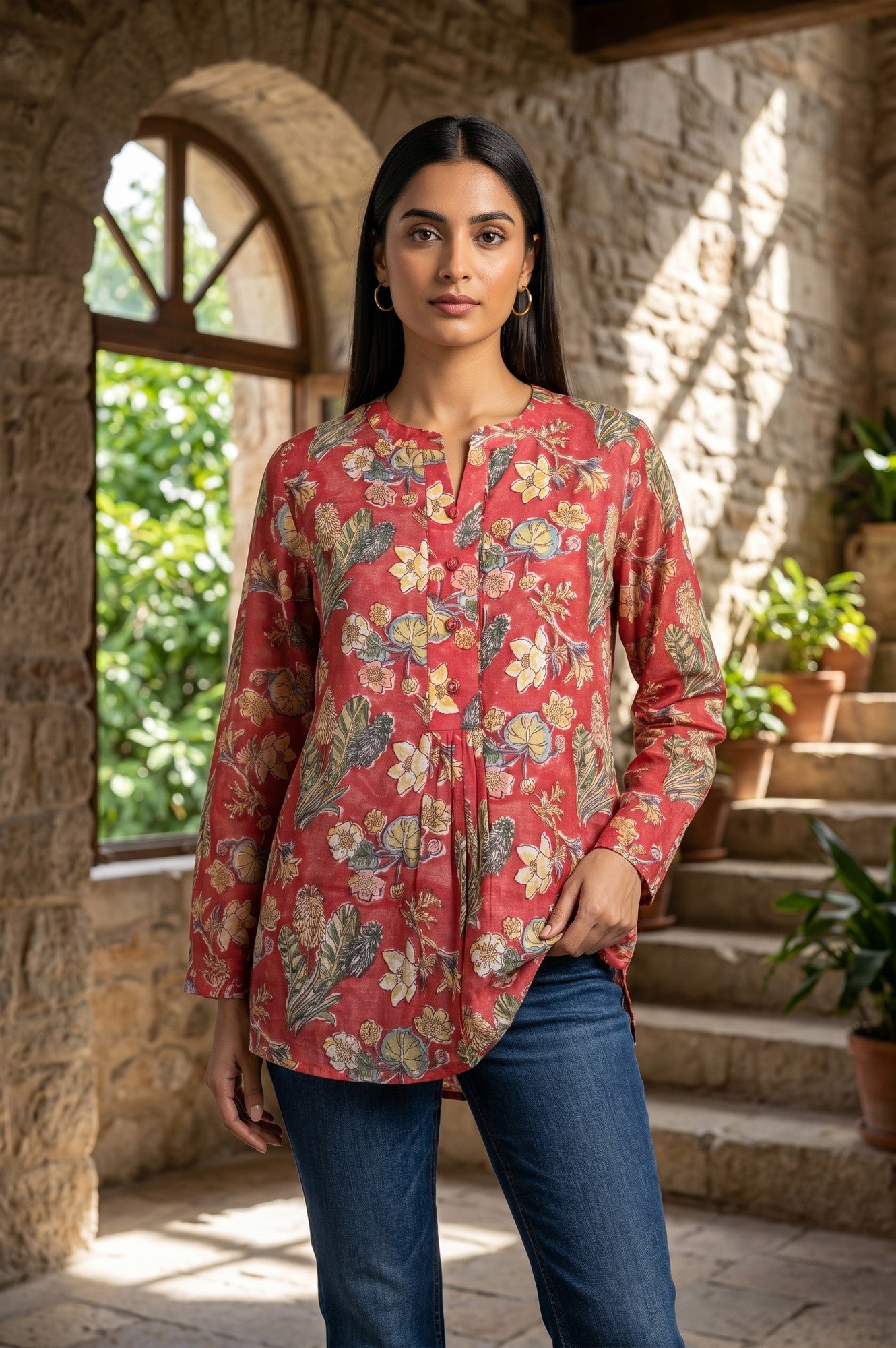 Red Block Printed Cotton Silk A-line Top