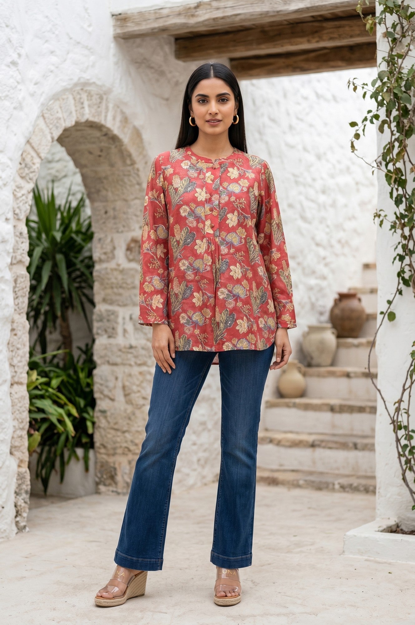 Red Block Printed Cotton Silk A-line Top