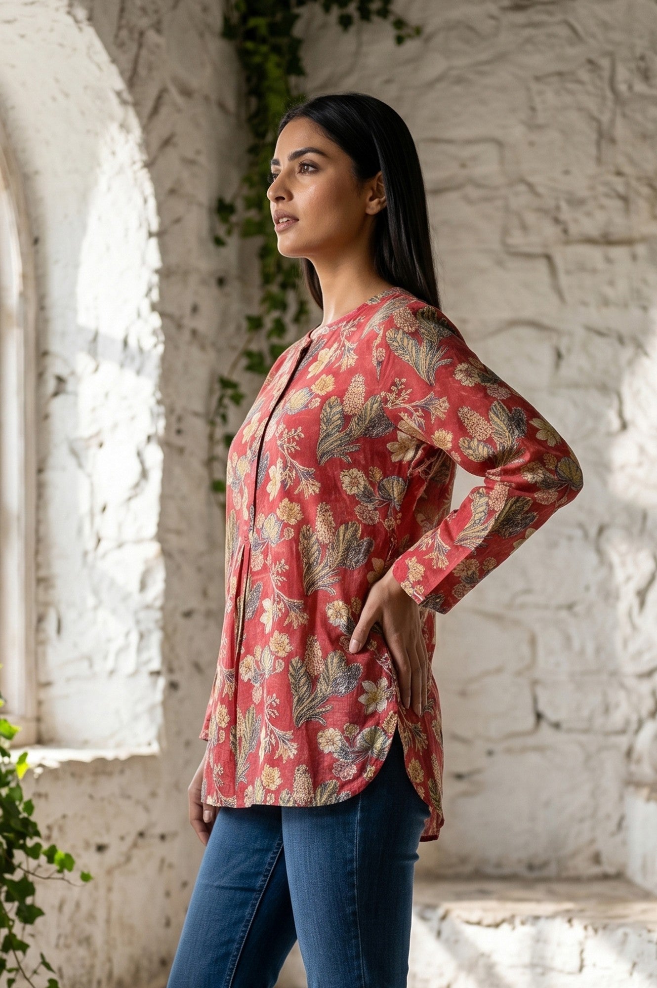 Red Block Printed Cotton Silk A-line Top