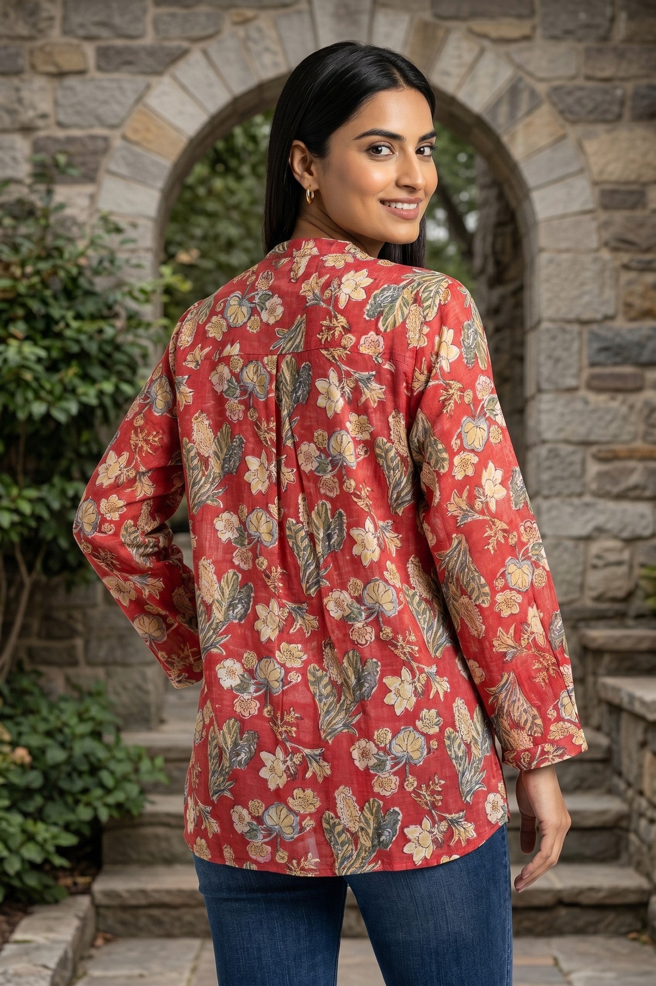 Red Block Printed Cotton Silk A-line Top