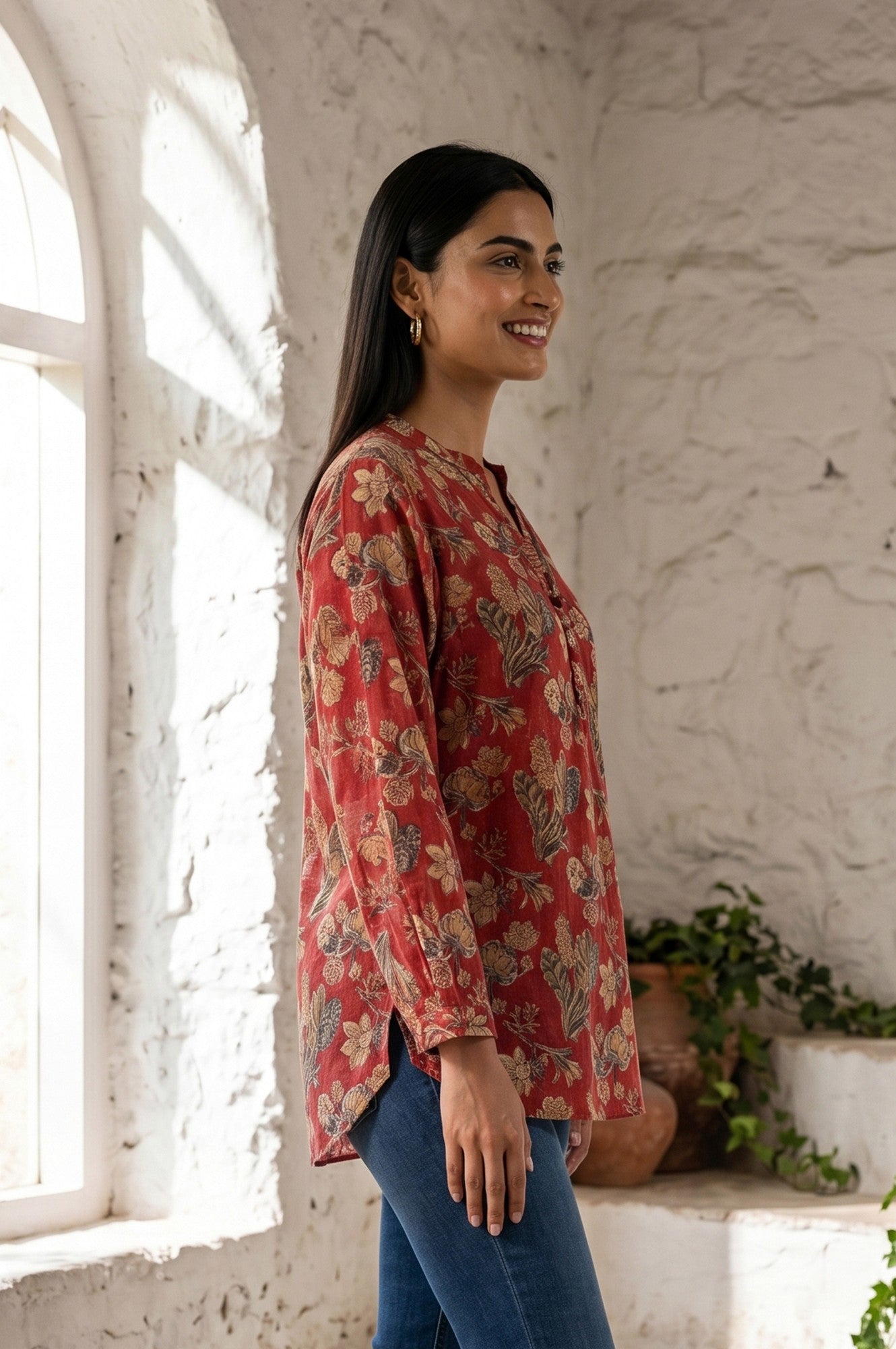 Red Block Printed Cotton Silk A-line Top