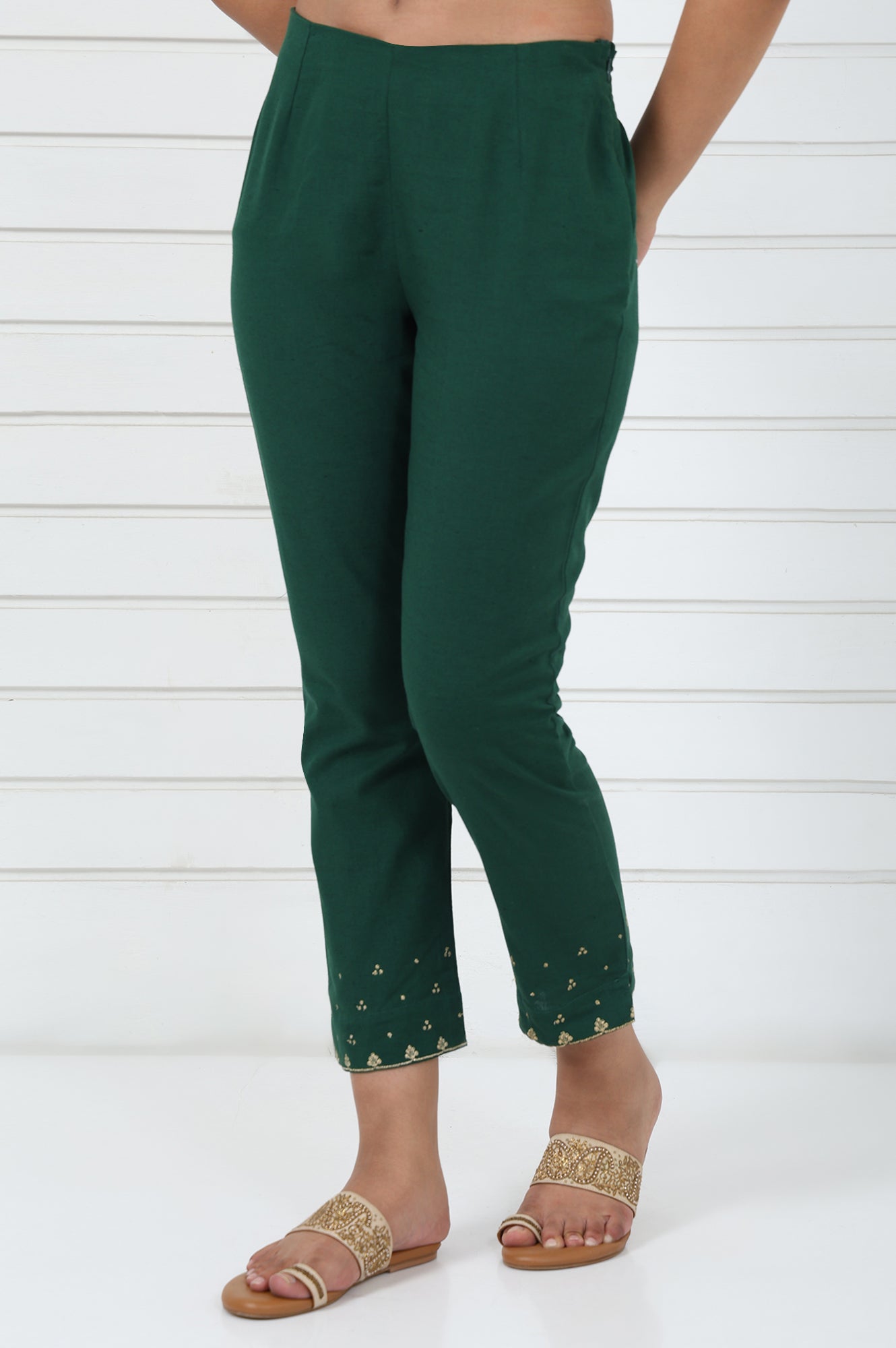 Green Embroidered Printed Mirror Work Cotton Blend Mid Rise Ankle Length Slim Pants