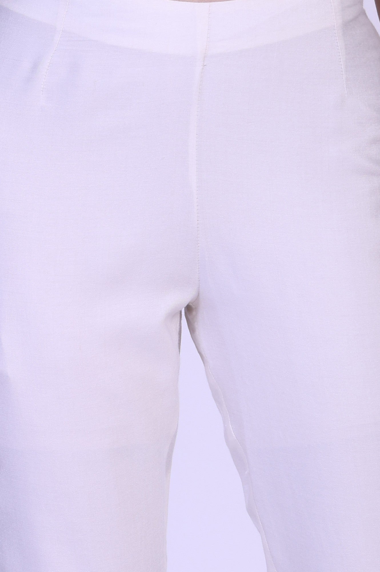 Ecru Embroidered Mirror Work Straight Tussar Silk Slim Pant