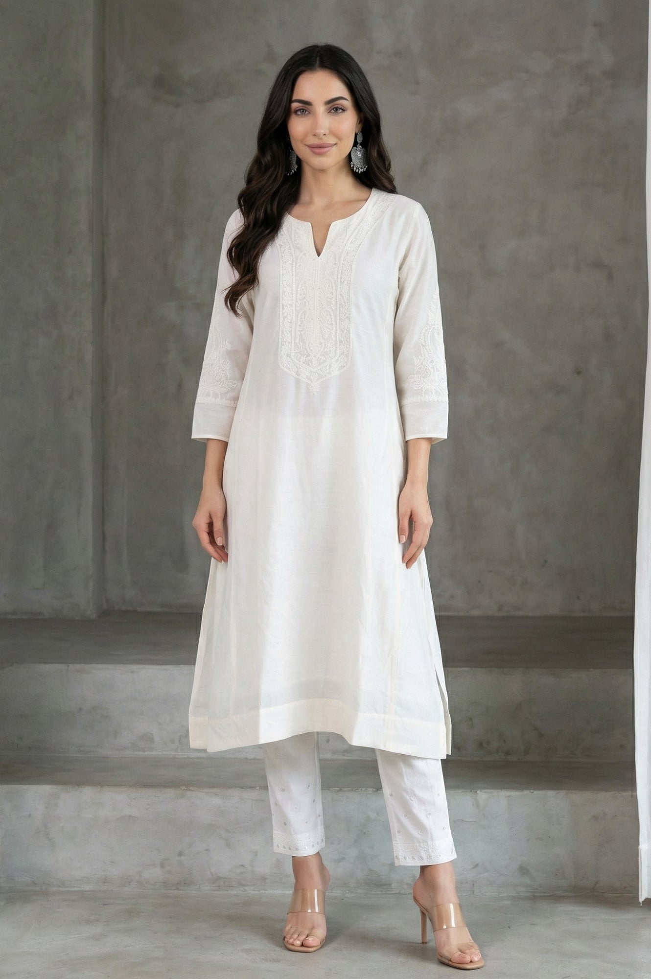 White Schiffily Embroidered Slim Fit Ankle Length Pants