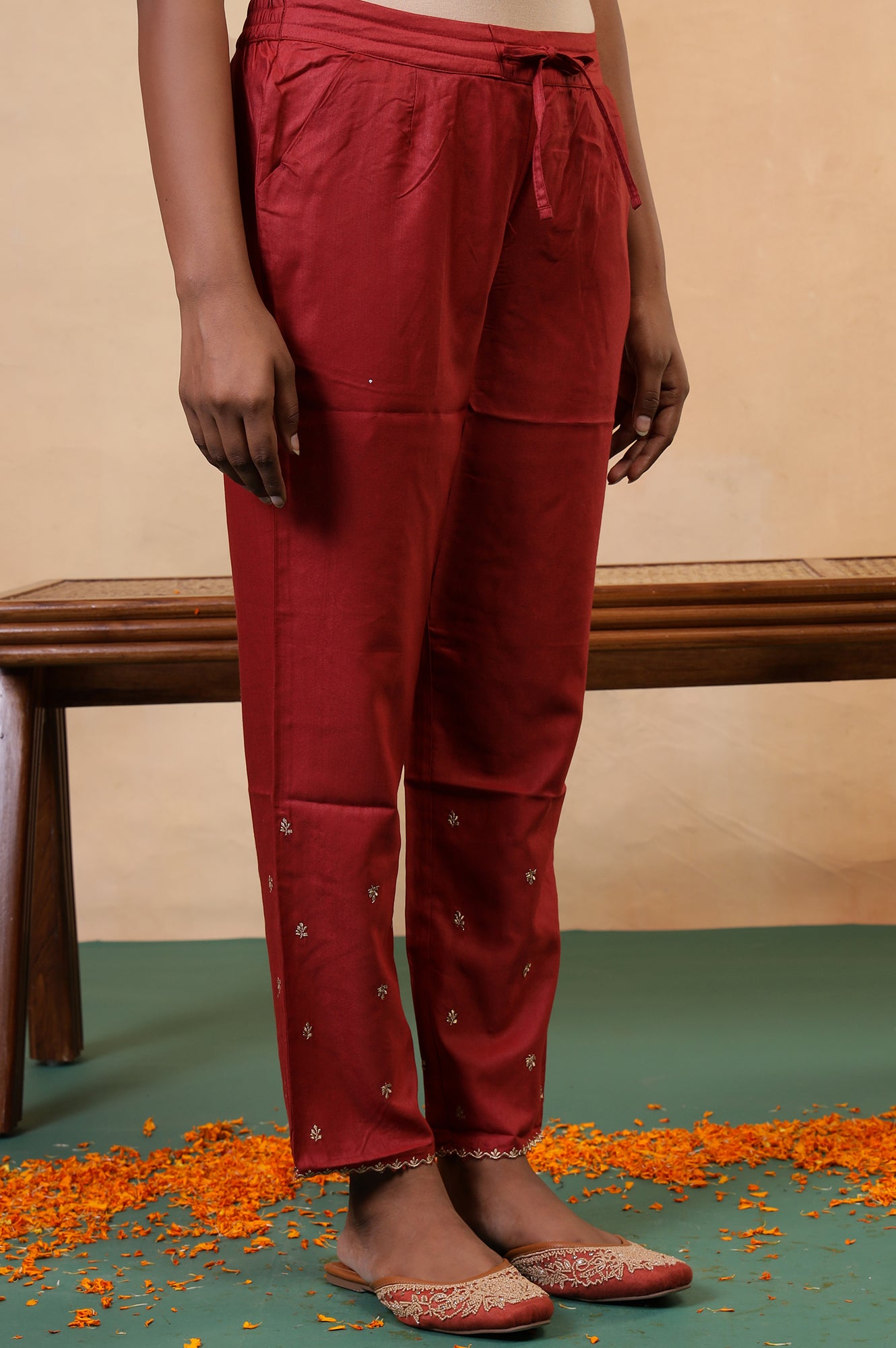 Red Embroidered Zari Work Straight Tussar Silk Pant
