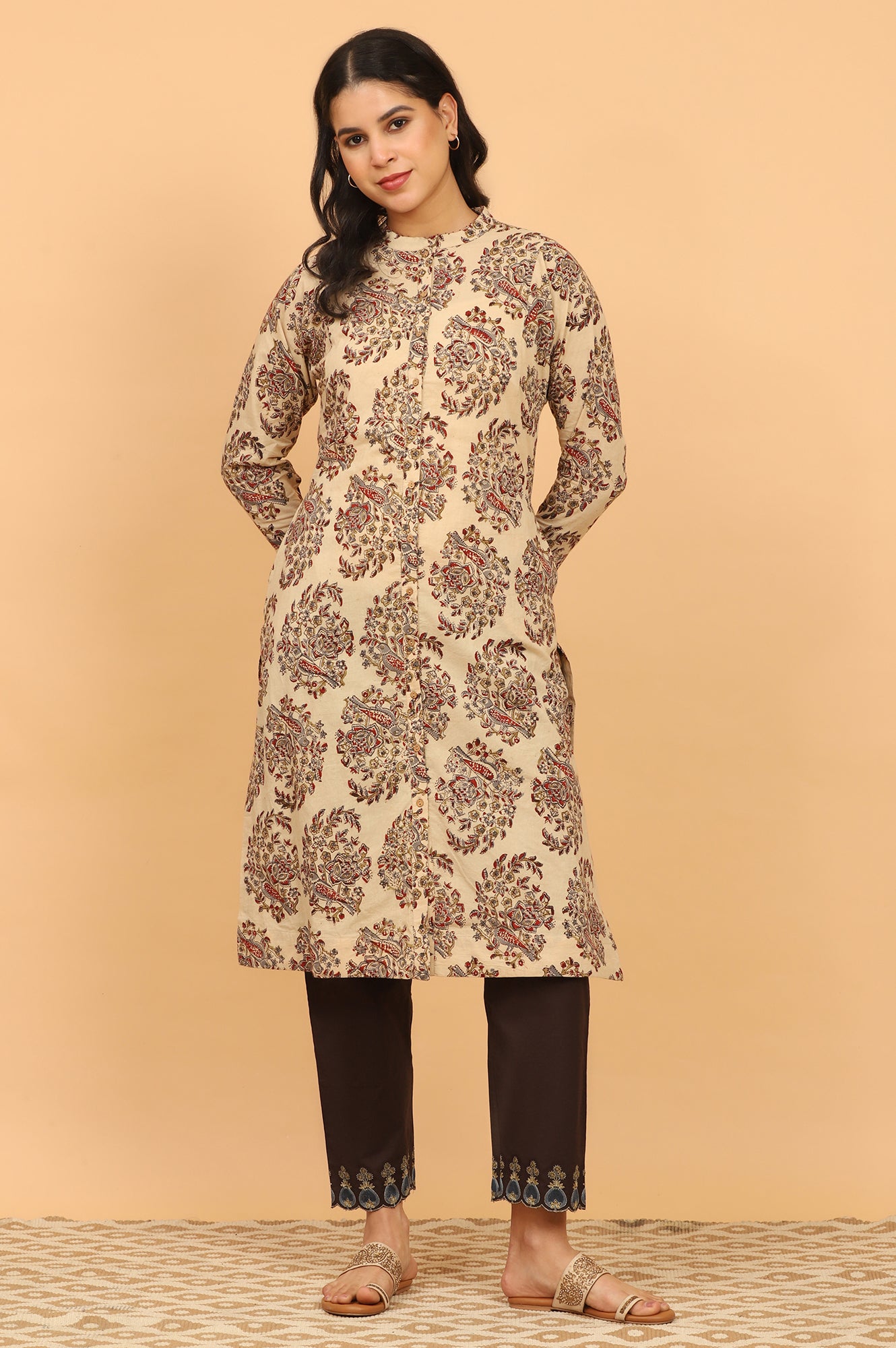 Dark Brown Embroidered Straight Pants with Scallops