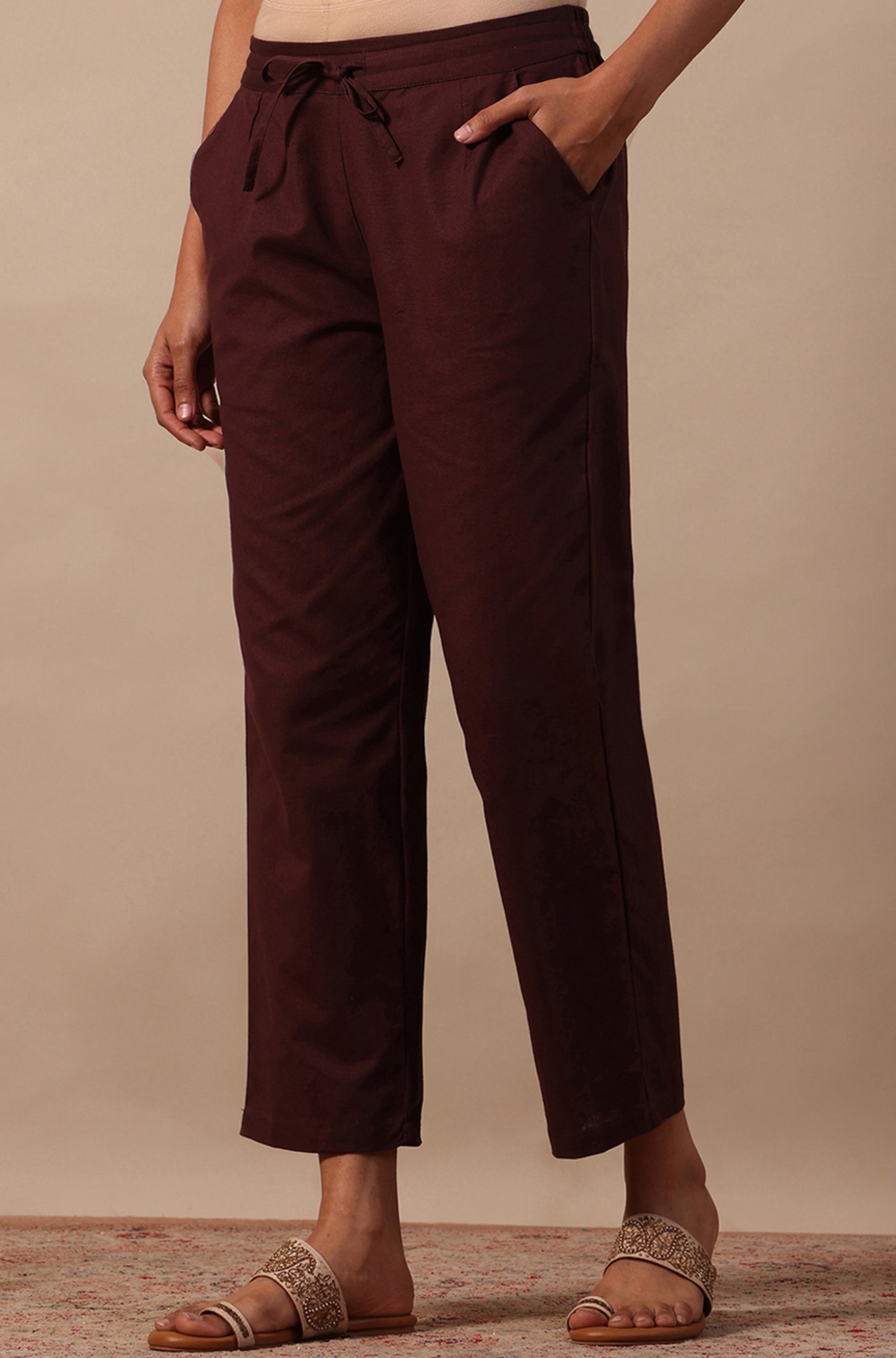 Red Solid Cotton Blend Straight Pants
