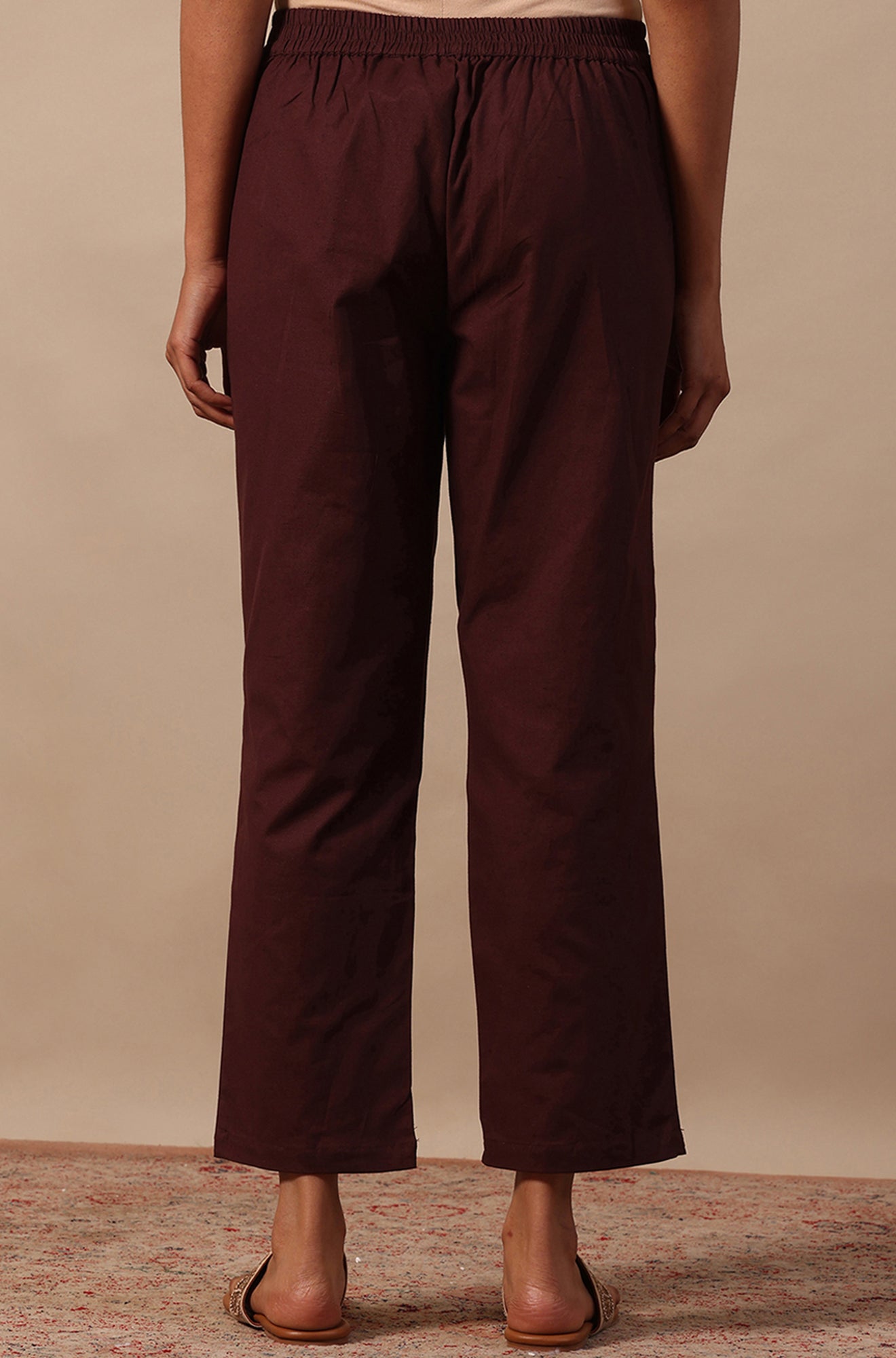 Red Solid Cotton Blend Straight Pants