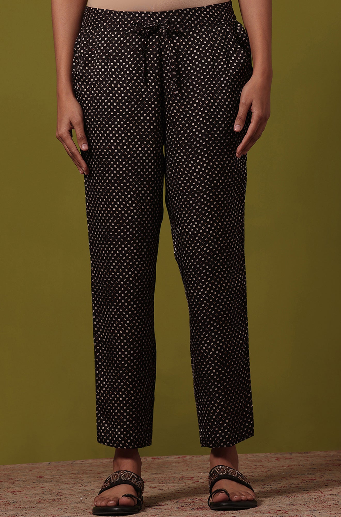 Black Handblock Printed Straight Pants in Modal Satin