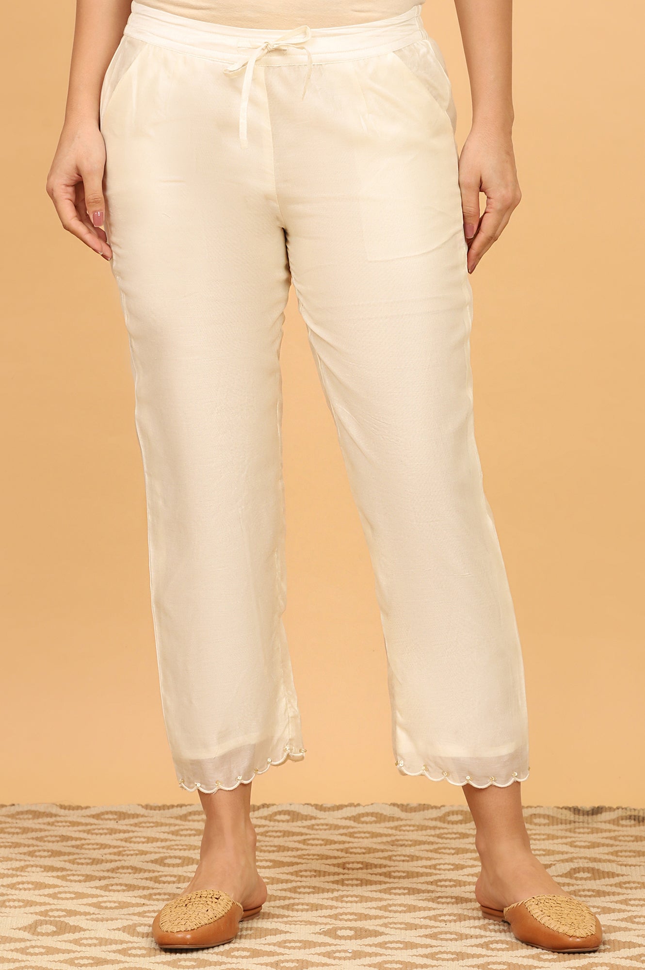 Ecru Straight Pants in Cotton Silk