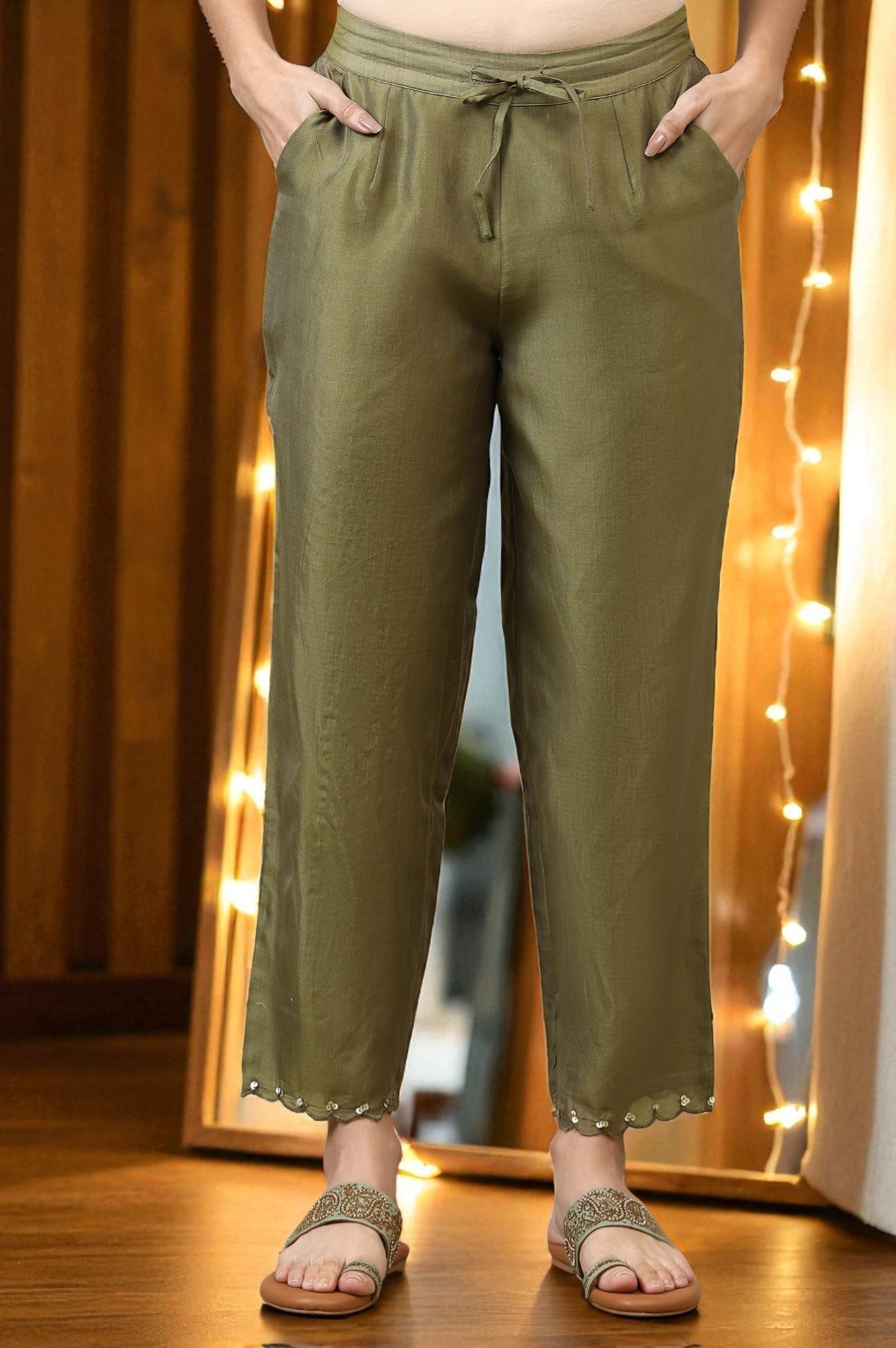 Pistachio Green Straight Pants in Cotton Silk