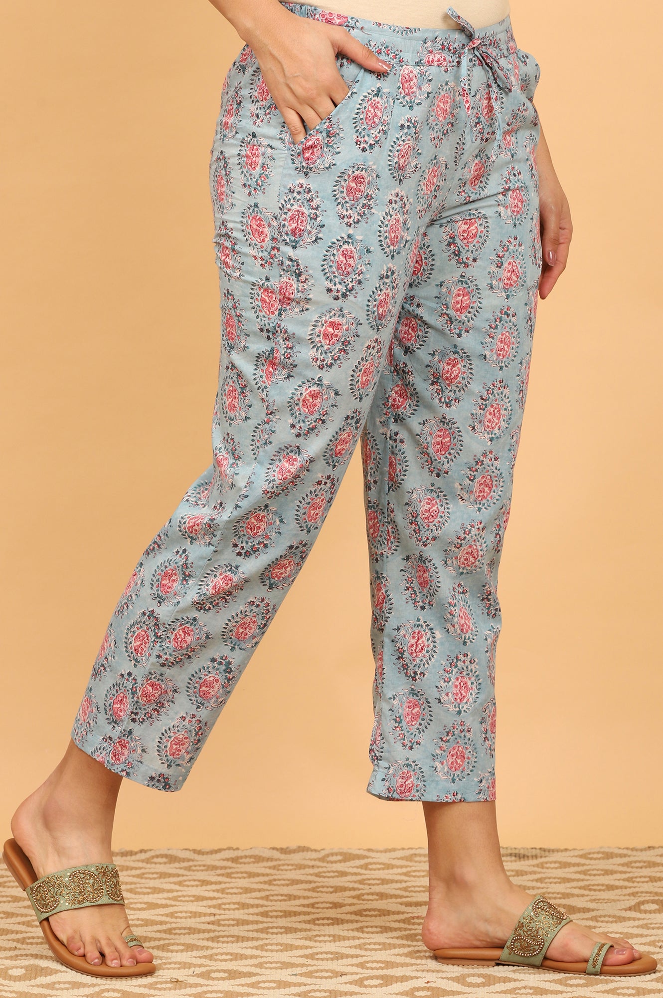 Blue Handblock Printed Straight Pants