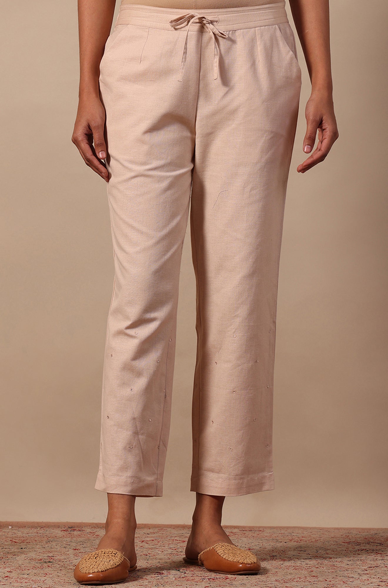 Beige Mirrorwork Straight Pants in Cotton Flax