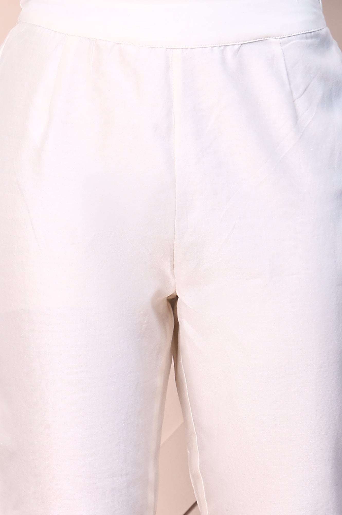 White Solid Embroidered Hemline Cotton Silk Slim Pants