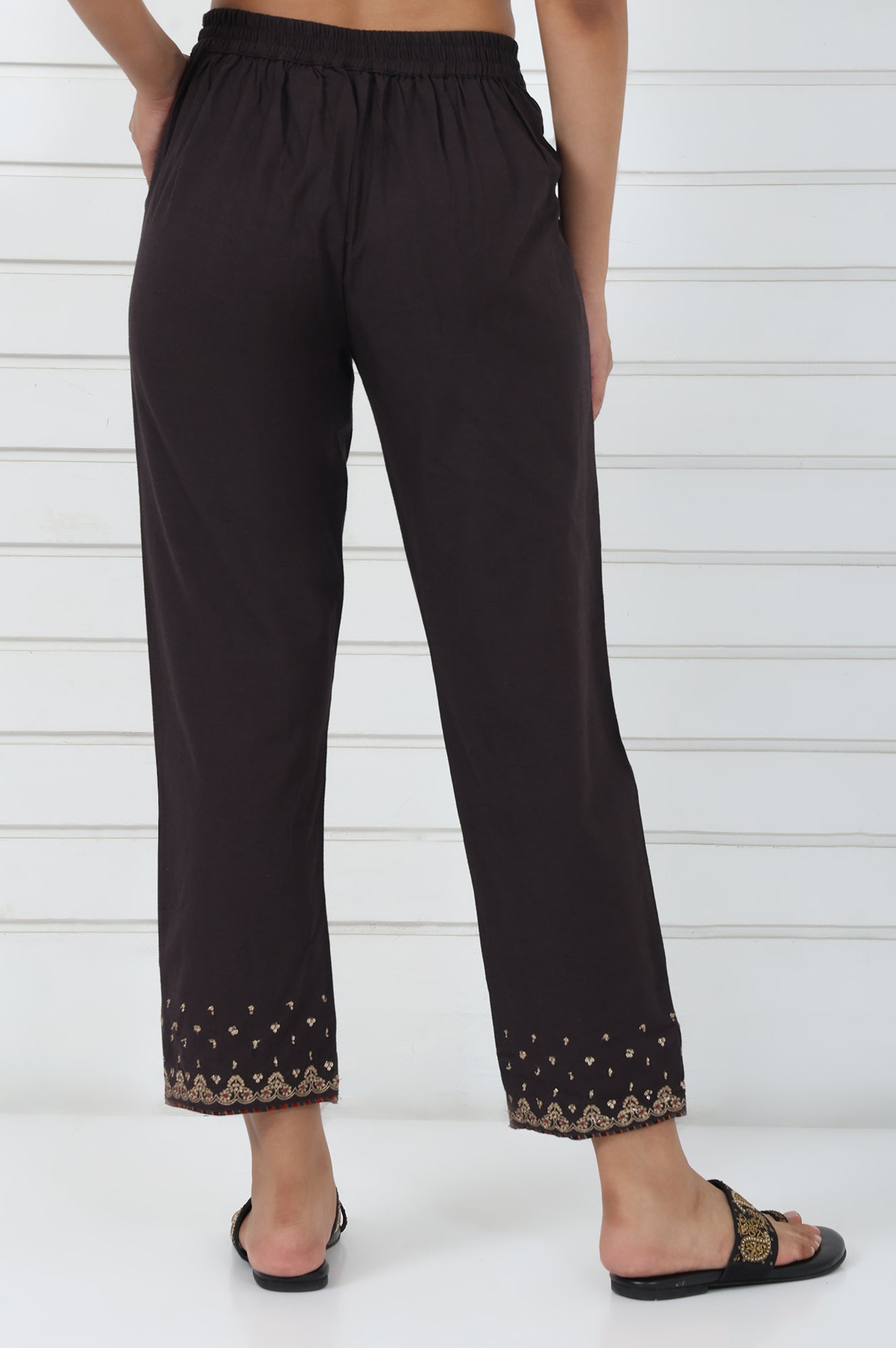 Brown Embroidered Printed Metallic Embroidered Cotton Blend Mid Rise Ankle Length Straight Pant