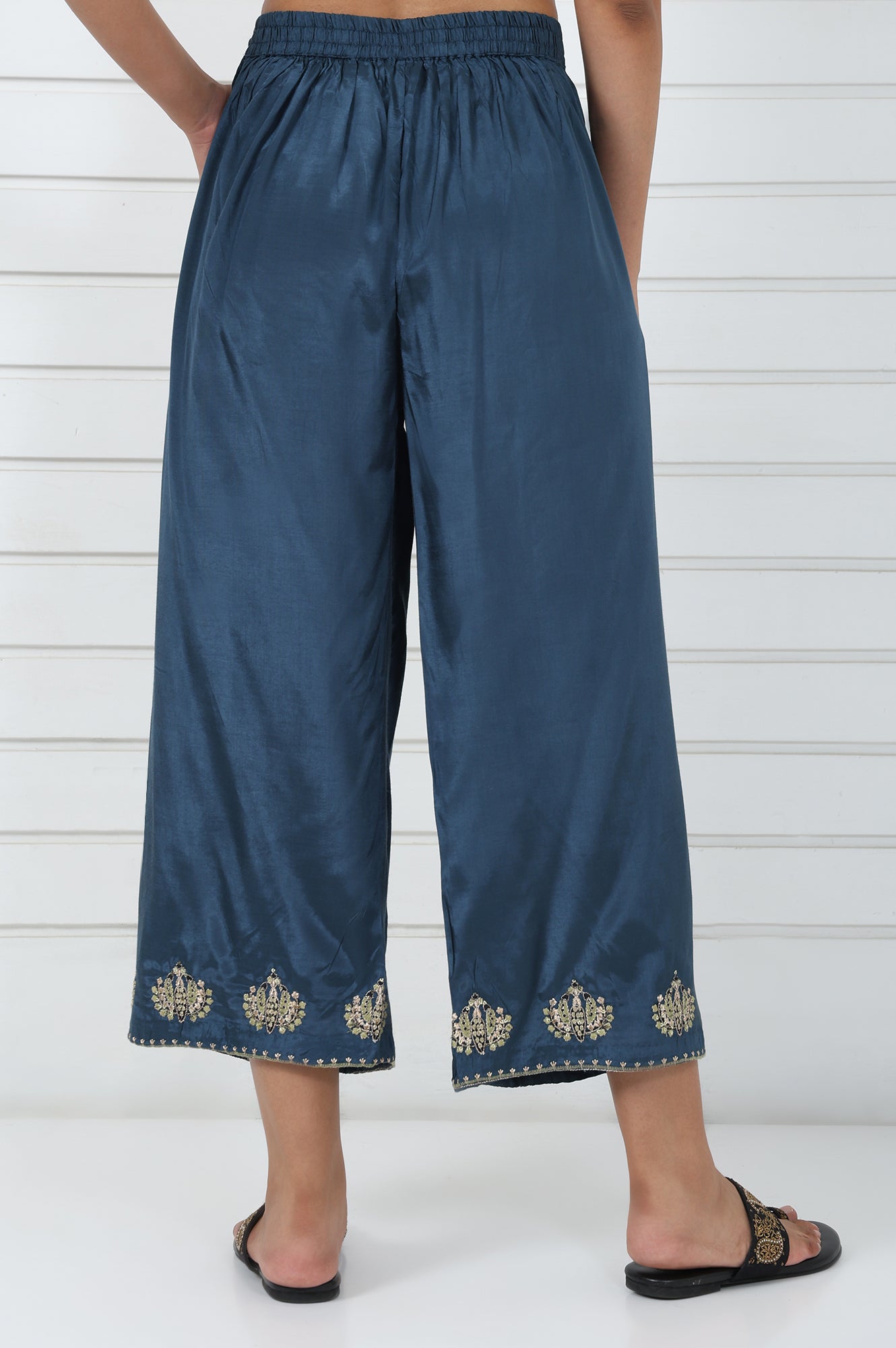 Blue Embroidered Printed Thread Embroidered Shantung Mid Rise Ankle Length Parallel Pant
