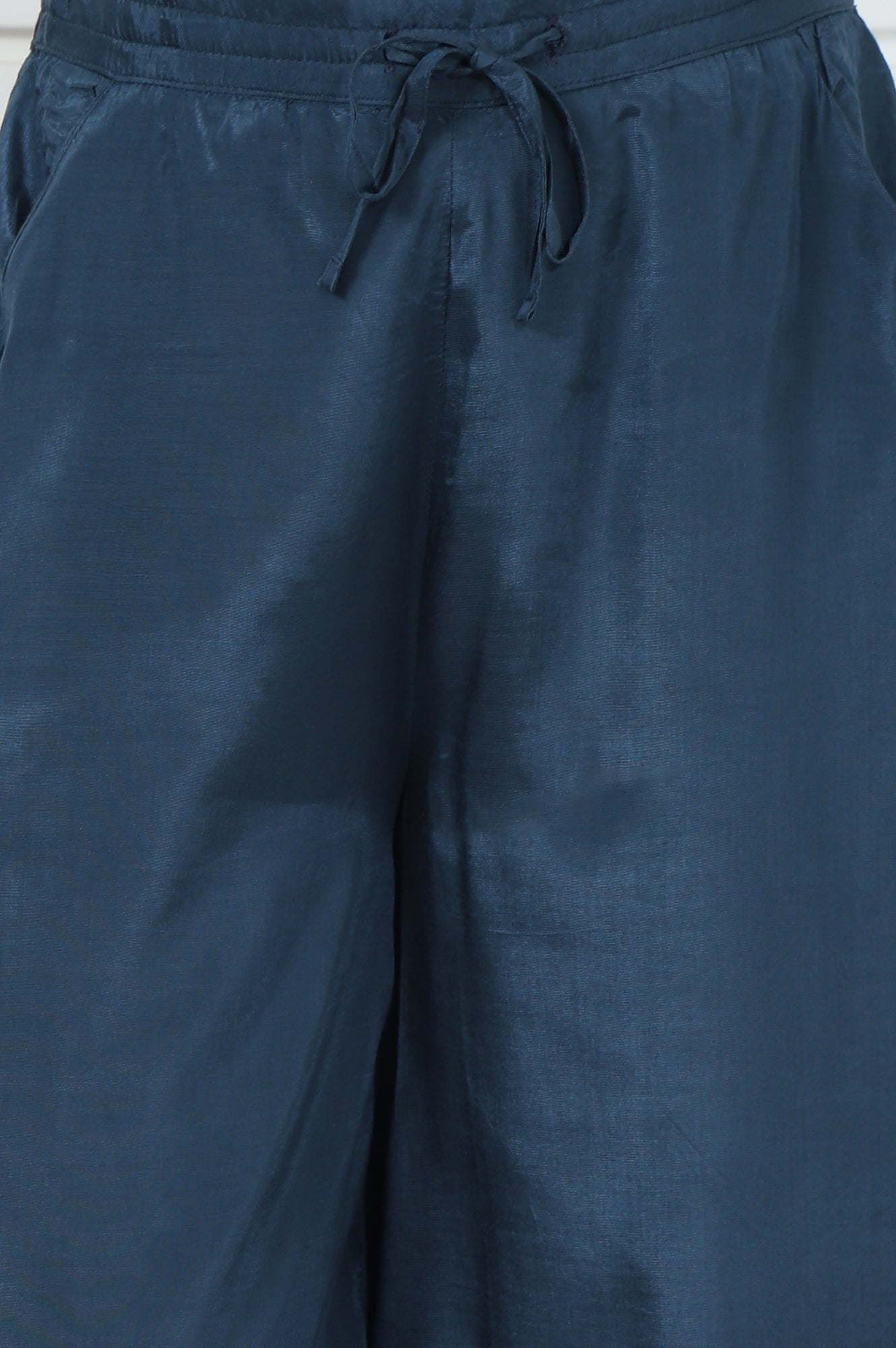 Blue Embroidered Printed Thread Embroidered Shantung Mid Rise Ankle Length Parallel Pant