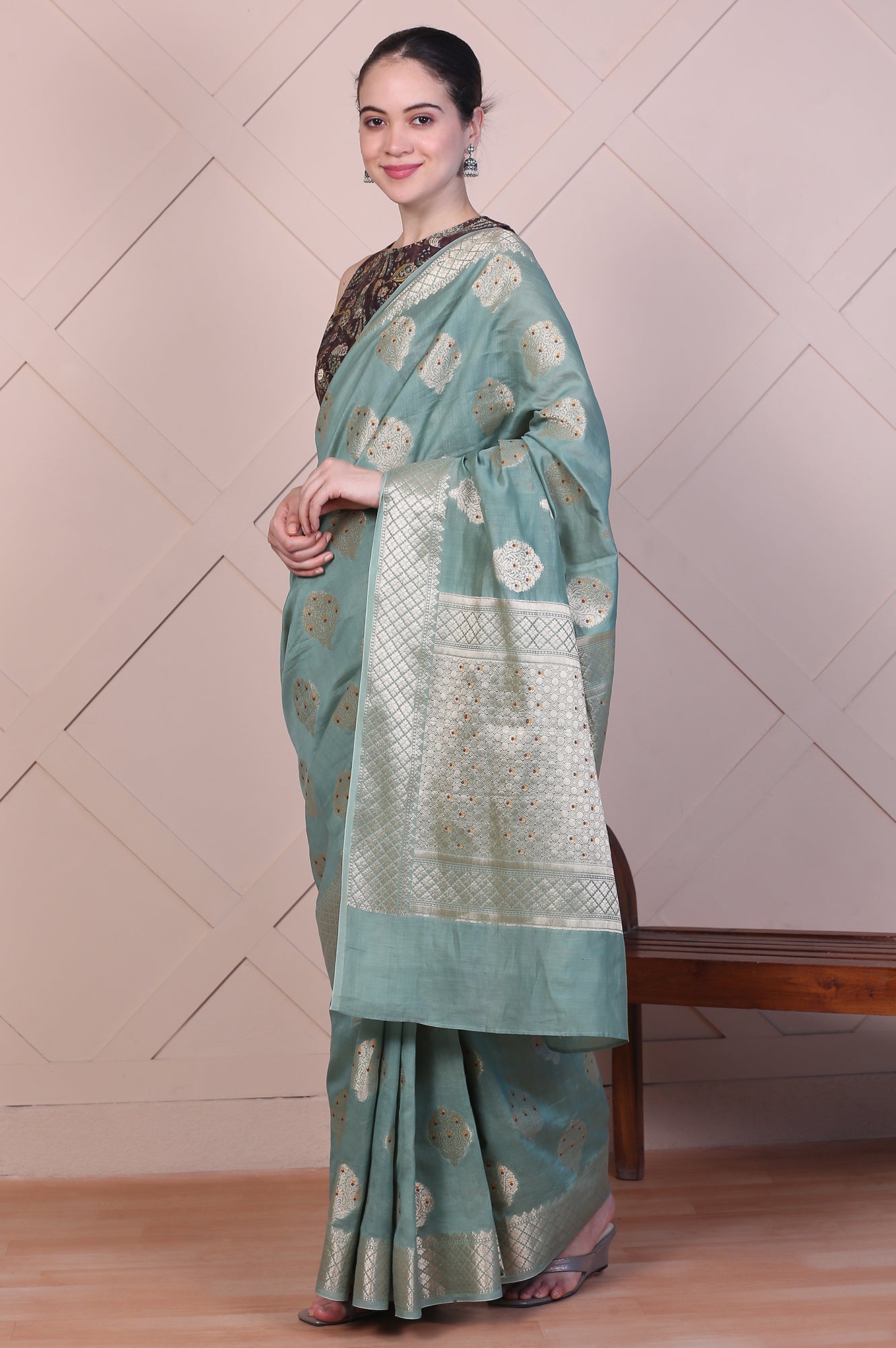 Green Embellished Silk Jacquard Saree with Unstitched Blouse
