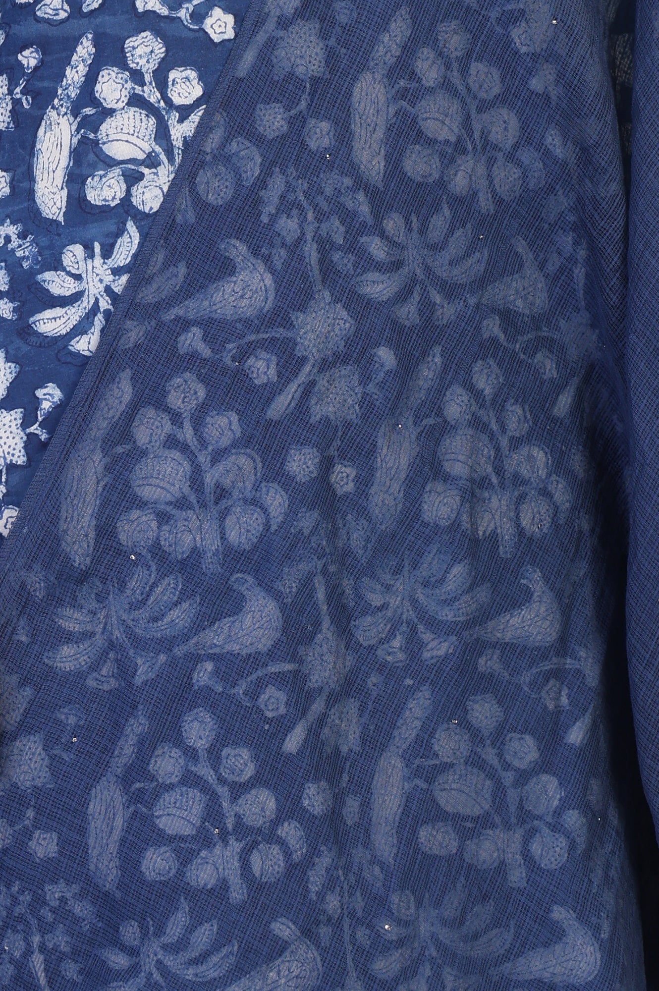 Blue Floral Print Mukaish Work Cotton Dupatta